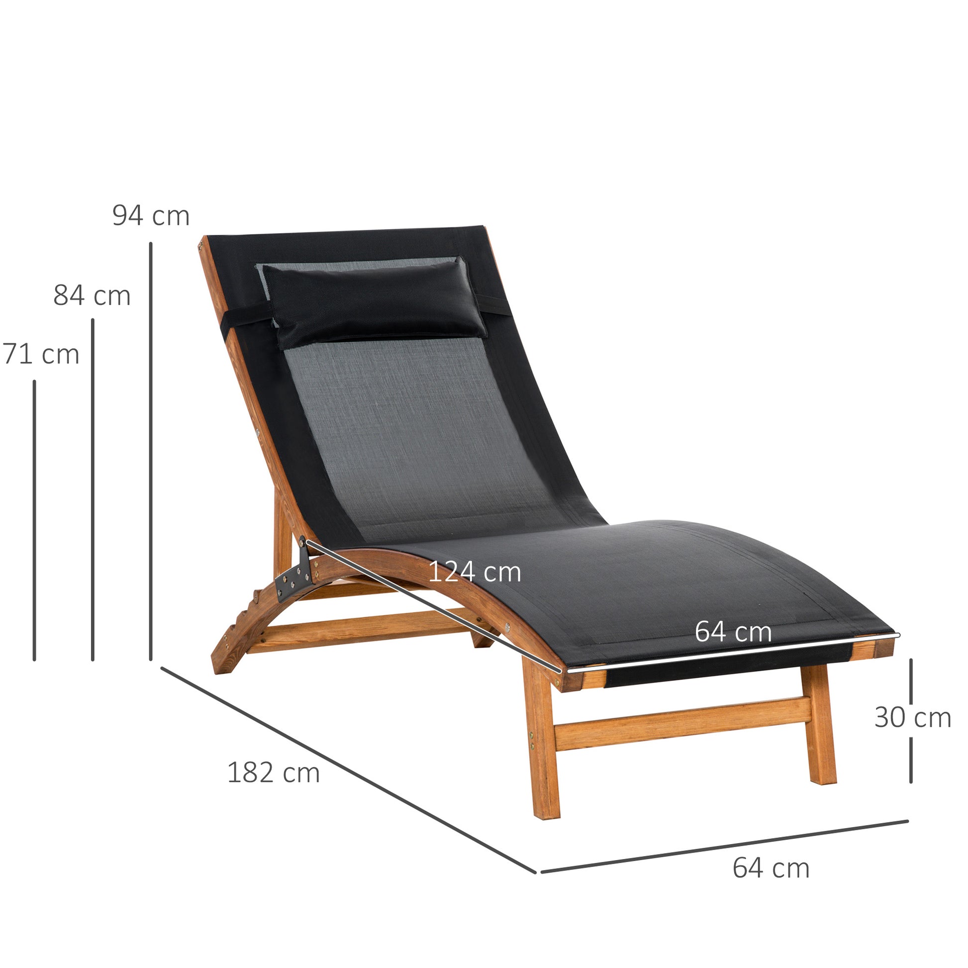 Outsunny Tumbona de Jardín Tipo Hamaca con Altura de Respaldo Ajustable Reposacabeza Extraíble y Marco de Madera Ergonómico para Terraza Playa Exterior 182x64x71 cm Negro