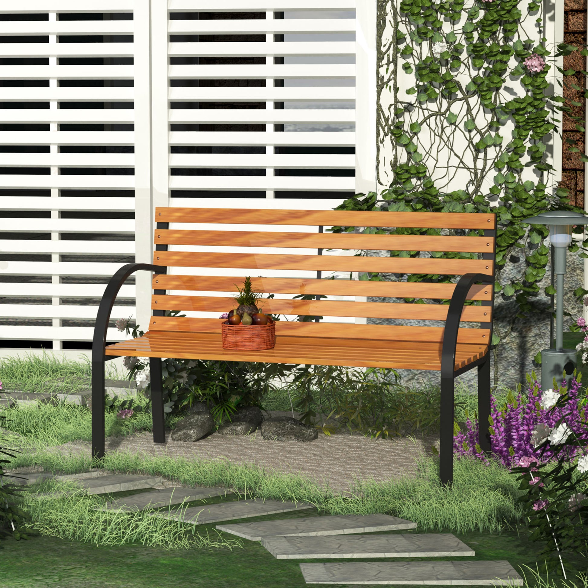 Outsunny Banco de Jardín de Madera de 2 Plazas 122x60x83 cm con Respaldo y Apoyabrazos Listones y Marco de Acero Carga 220 kg Color Natural y Negro