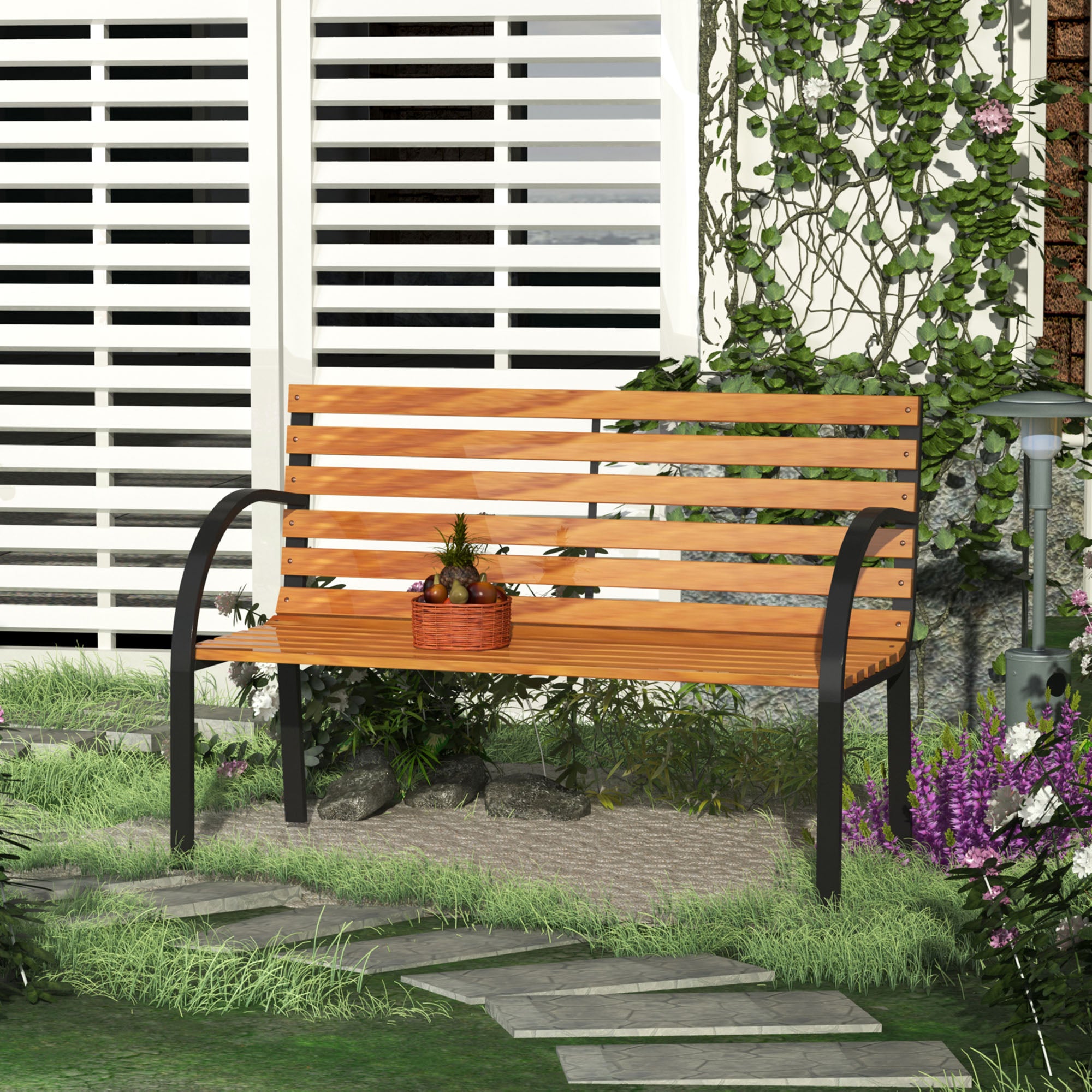 Outsunny Banco de Jardín de Madera de 2 Plazas 122x60x83 cm con Respaldo y Apoyabrazos Listones y Marco de Acero Carga 220 kg Color Natural y Negro