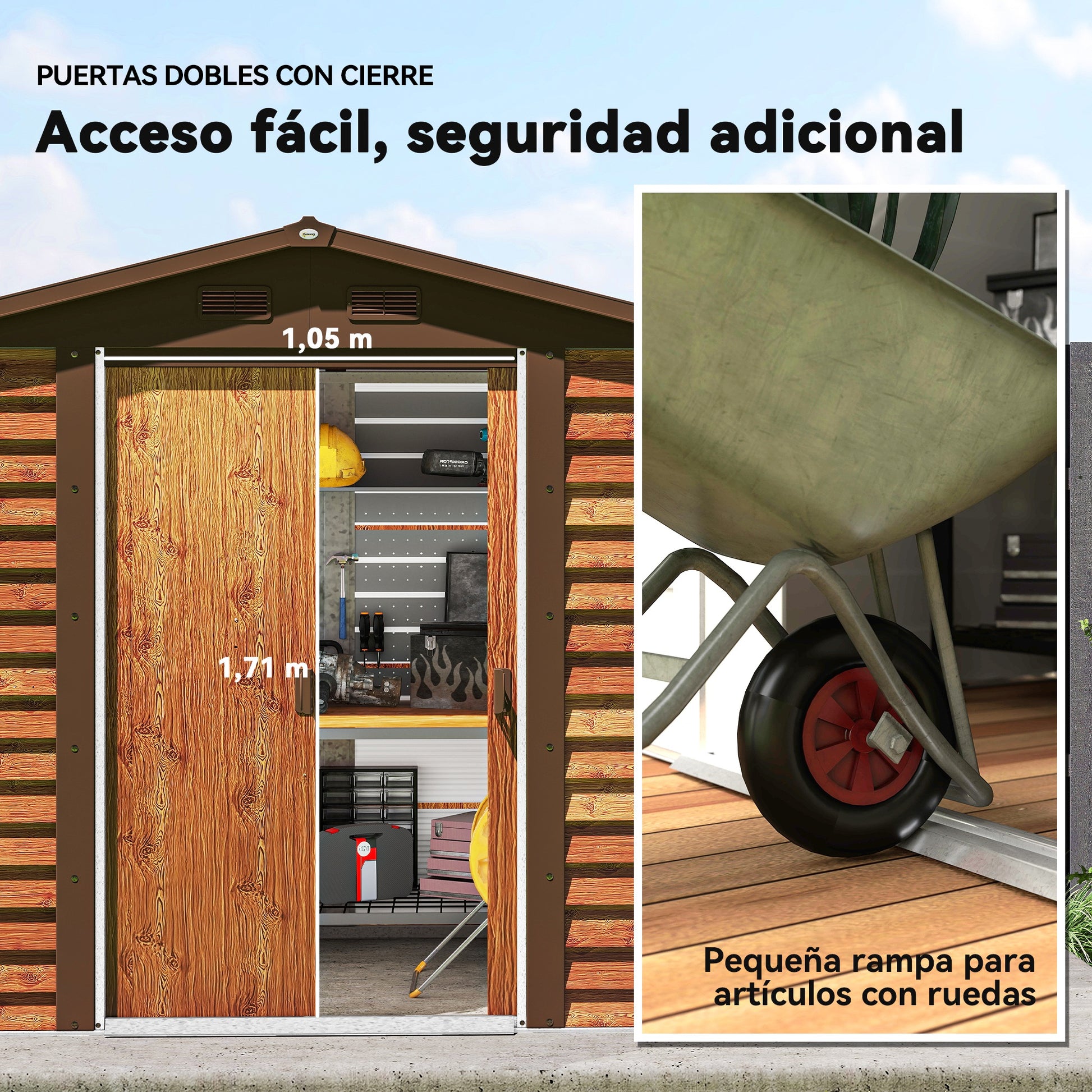 Outsunny Caseta de Jardín Exterior 3 m² 235,7x152x208,7 cm Cobertizo de Jardín Exterior Metálica con 2 Puertas Corredizas y 4 Ventanas para Almacenamiento de Herramientas Efecto Madera Natural y Café
