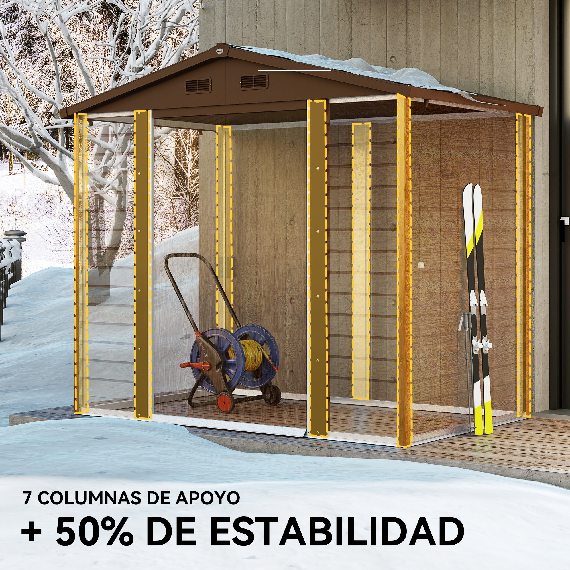 Outsunny Caseta de Jardín Exterior 3 m² 235,7x152x208,7 cm Cobertizo de Jardín Exterior Metálica con 2 Puertas Corredizas y 4 Ventanas para Almacenamiento de Herramientas Efecto Madera Natural y Café