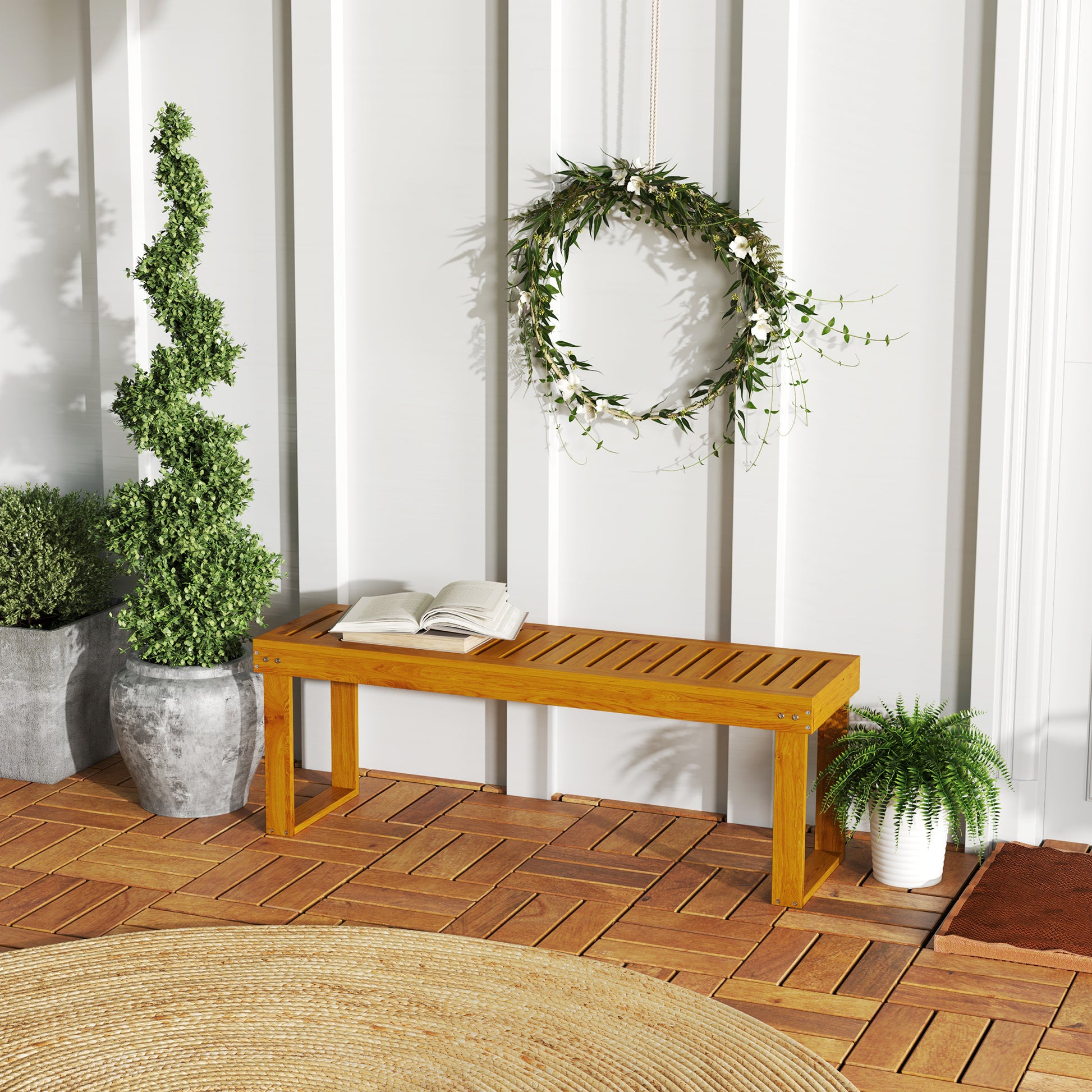 Outsunny Banco de Jardín de 2 Plazas Banco de Madera Asiento de Lamas Carga 300 kg Banco para Patio Terraza 120x34x43 cm Teca
