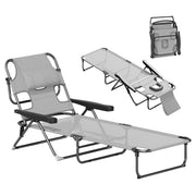Outsunny Tumbona Plegable, Tumbona Jardín Exterior con Respaldo Ajustable en 4 Posiciones, Orificio de Lectura, Reposacabezas y Brazos, Carga 120 kg, para Terraza, Piscina, 145x72x89 cm, Gris Oscuro