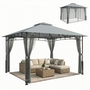 Outsunny Cenador para Jardín 3x3,6 m, Pabellón de Jardín Gazebo con Doble Techo, Paredes de Malla, UPF50+, Estructura de Metal, Carpa para Exterior, Terraza, Patio, Gris