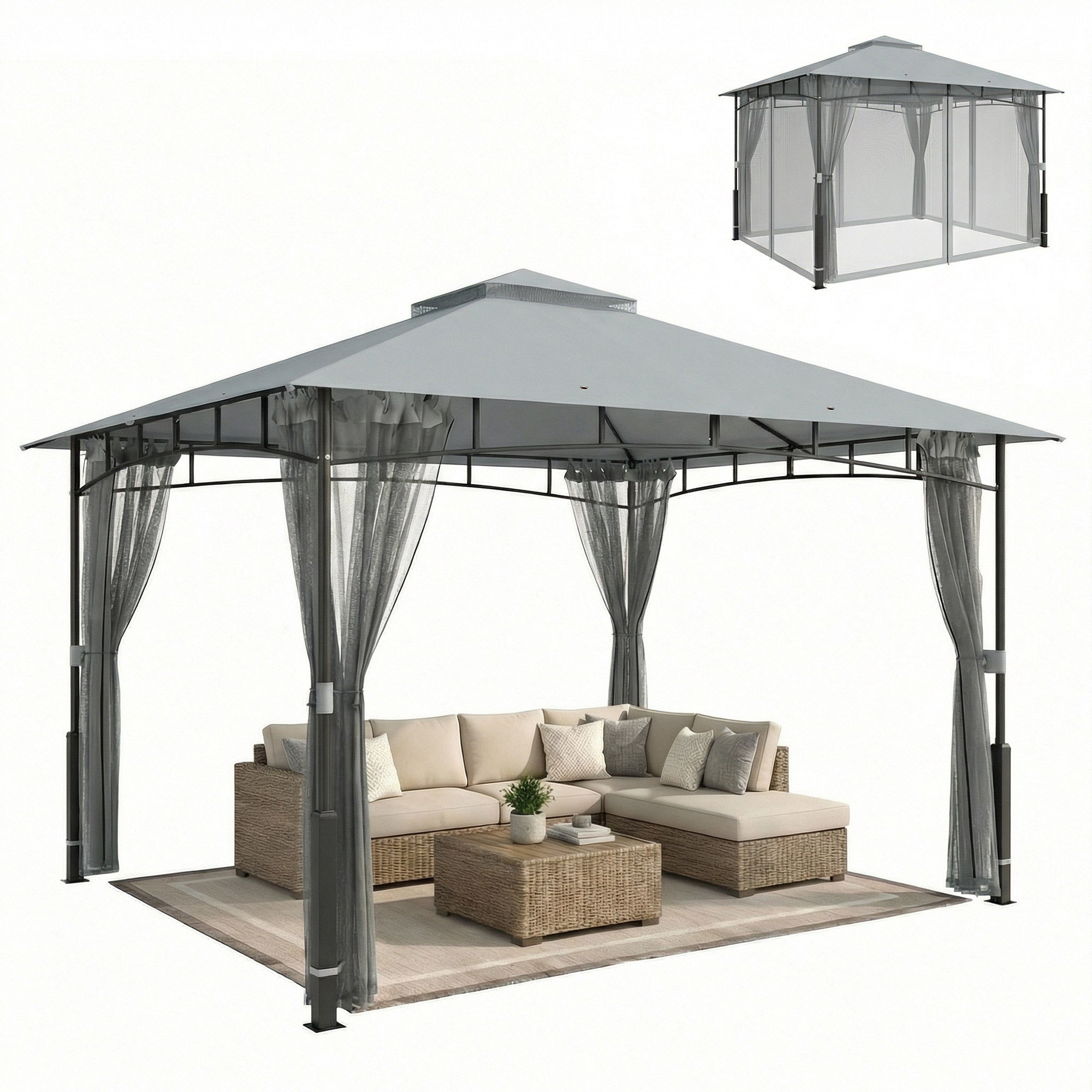 Outsunny Cenador para Jardín 3x3,6 m, Pabellón de Jardín Gazebo con Doble Techo, Paredes de Malla, UPF50+, Estructura de Metal, Carpa para Exterior, Terraza, Patio, Gris