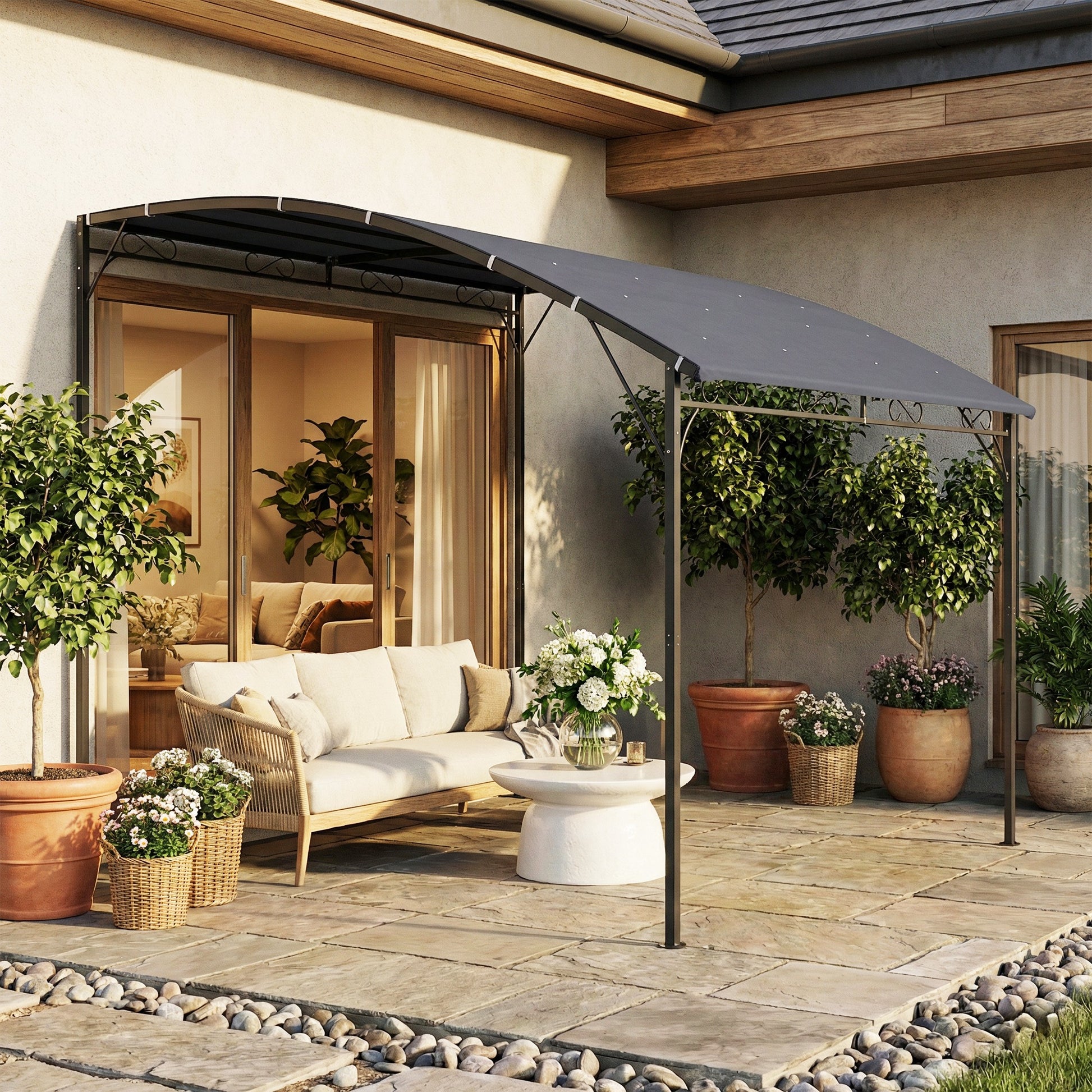 Outsunny Pérgola de Pared de Jardín 2,8x3,8 m, Cenador de Jardín con Techo Inclinado, Orificios de Drenaje y Estructura Metálica, Resistente a la Intemperie, para Patio, Terraza, Balcón, Gris