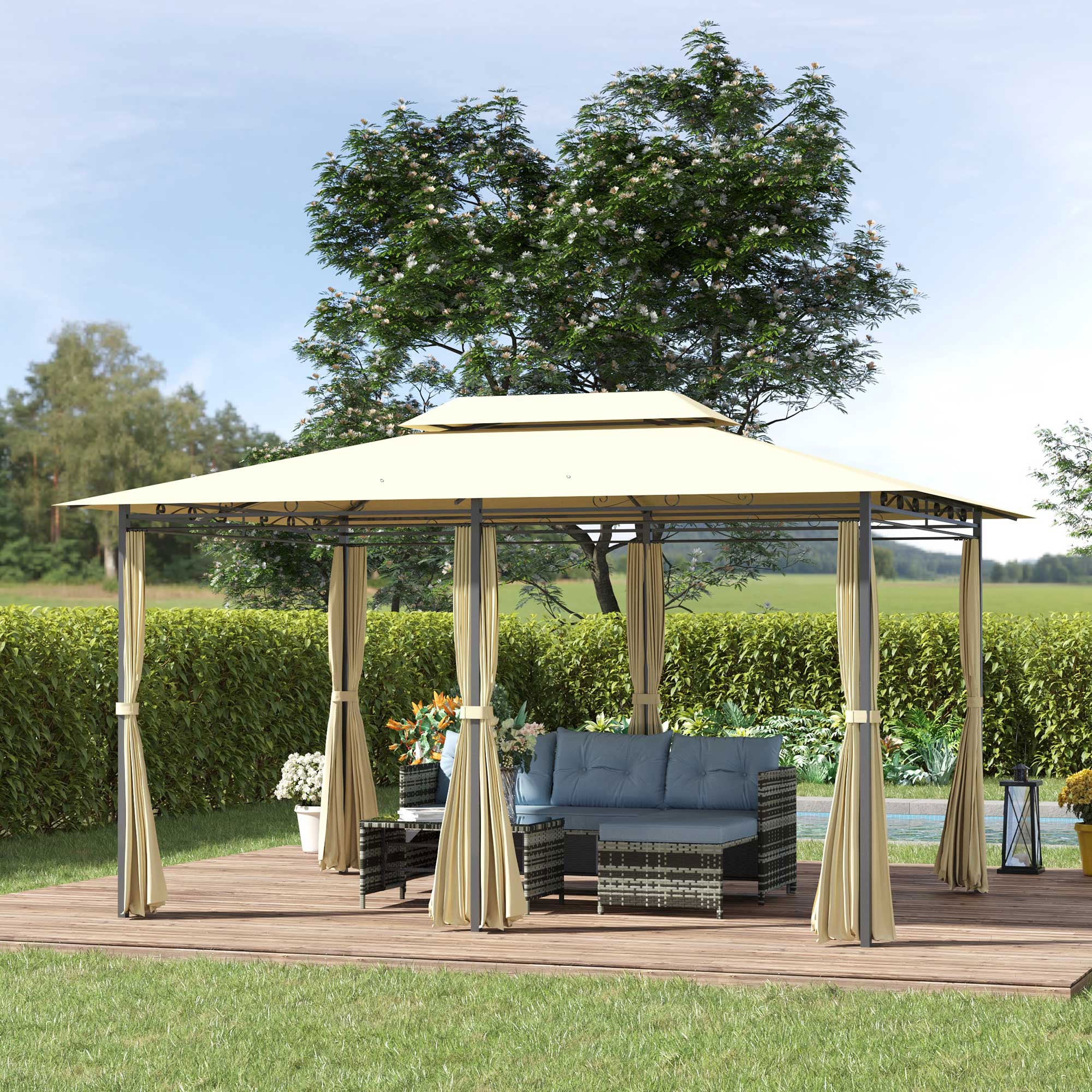 Outsunny Cenador para Jardín 3x4 m Pérgola de Jardín Gazebo con Doble Techo Paredes Laterales Resistente al Agua Carpa para Exterior Terraza Patio Crema