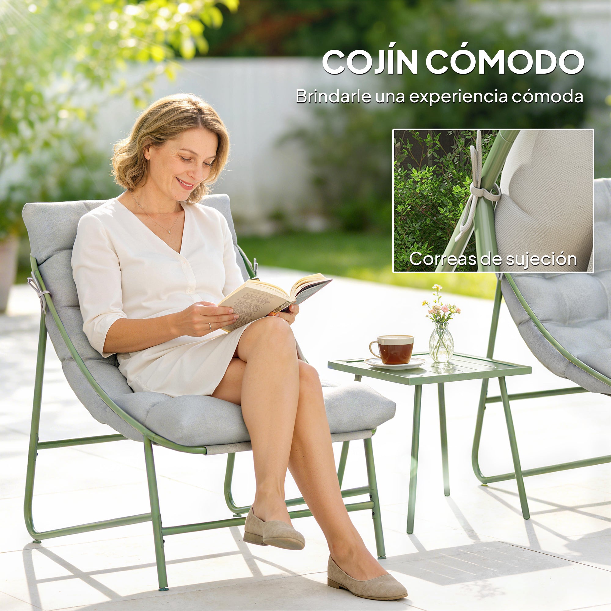 Outsunny Conjunto de Mesa y Sillas de Terraza Exterior de 3 Piezas, Muebles de Jardín Exterior con Cojines, 2 Sillas Lounge, Mesa de Café y Estructura de Acero, para Patio, Gris Claro