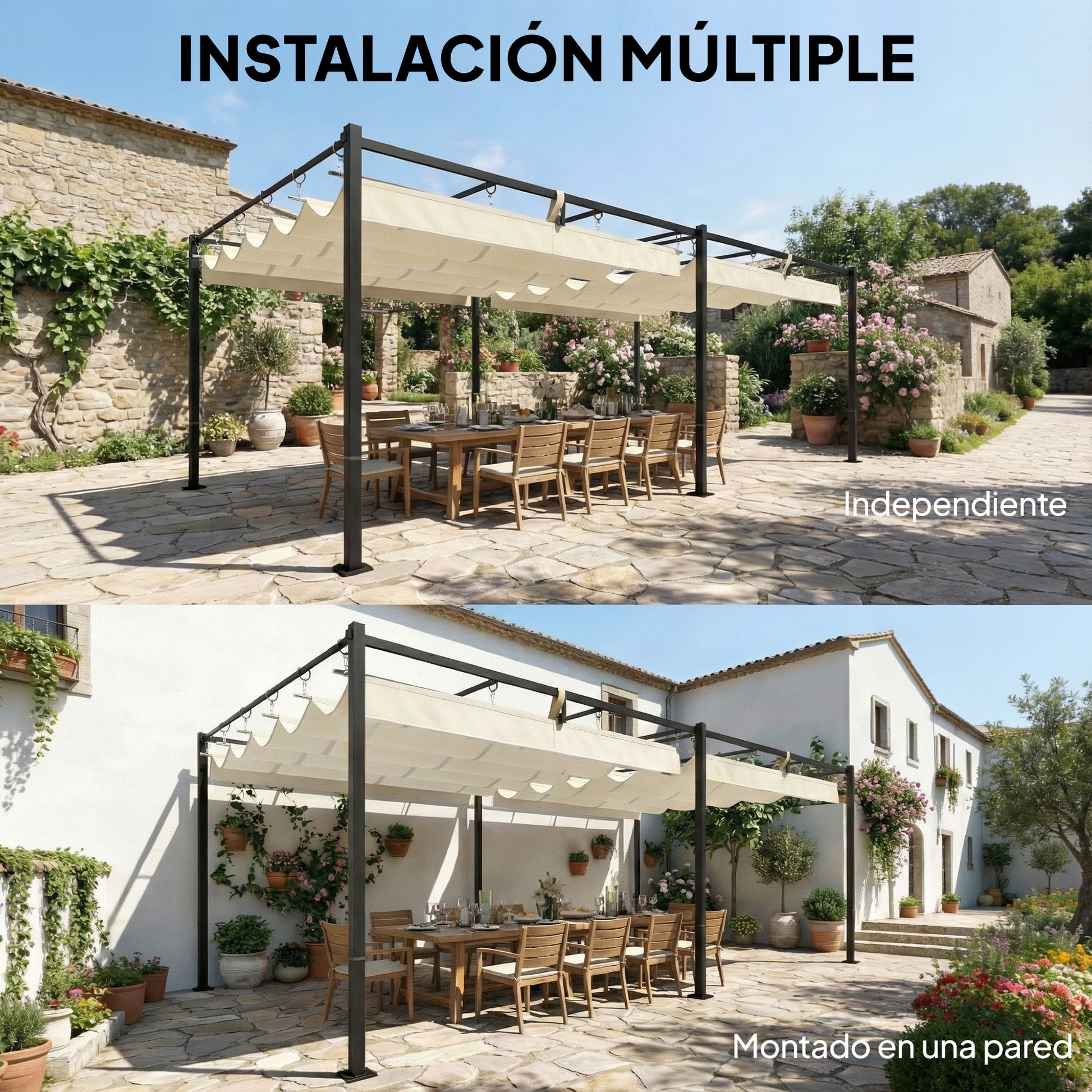 Outsunny Pérgola de Jardín 6x3 m con Techo Retráctil, Cenador de Jardín con Protección UPF50+, Drenaje, Estructura Metálica, Pabellón para Patio, Terraza, Exterior, Blanco Crema
