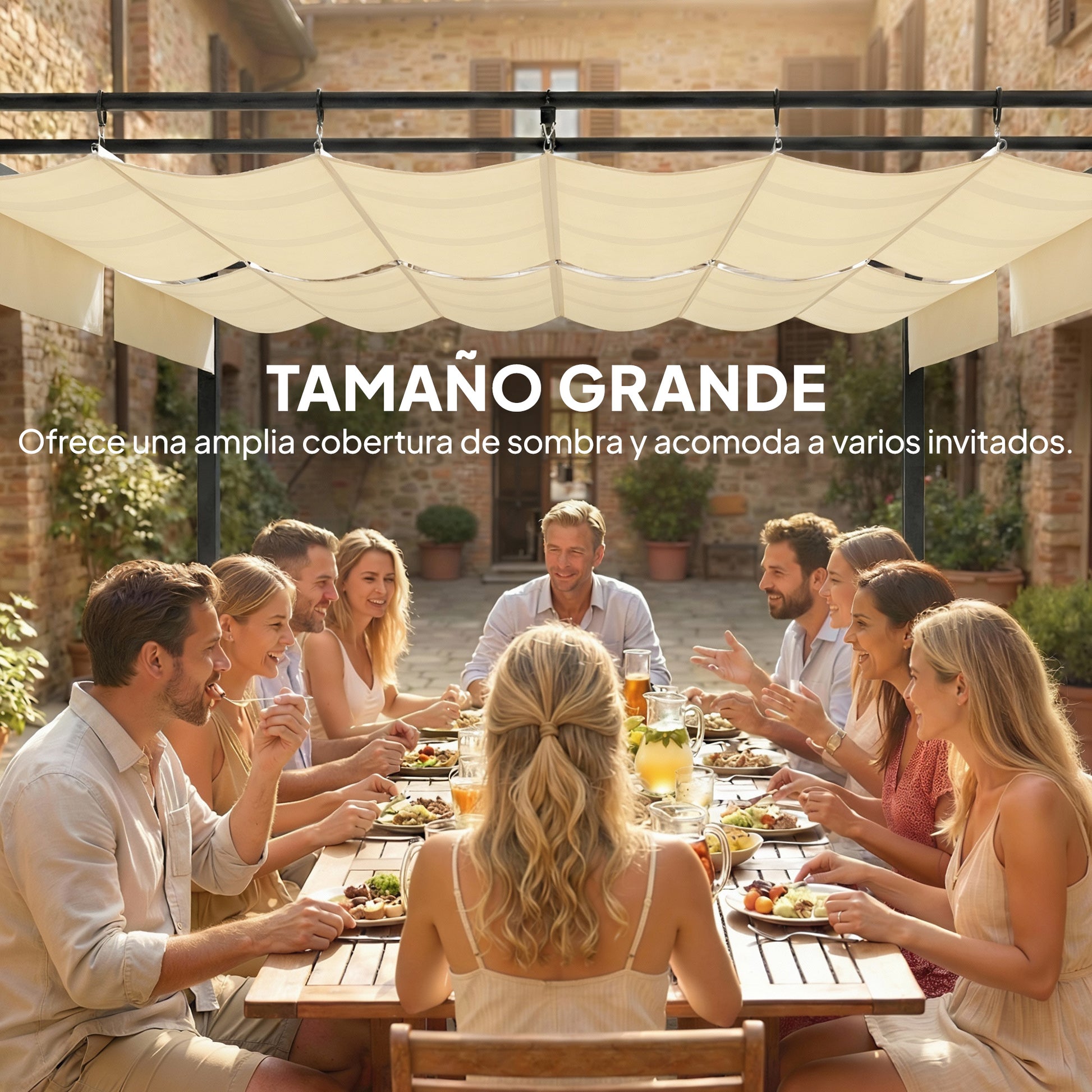 Outsunny Pérgola de Jardín 6x3 m con Techo Retráctil, Cenador de Jardín con Protección UPF50+, Drenaje, Estructura Metálica, Pabellón para Patio, Terraza, Exterior, Blanco Crema