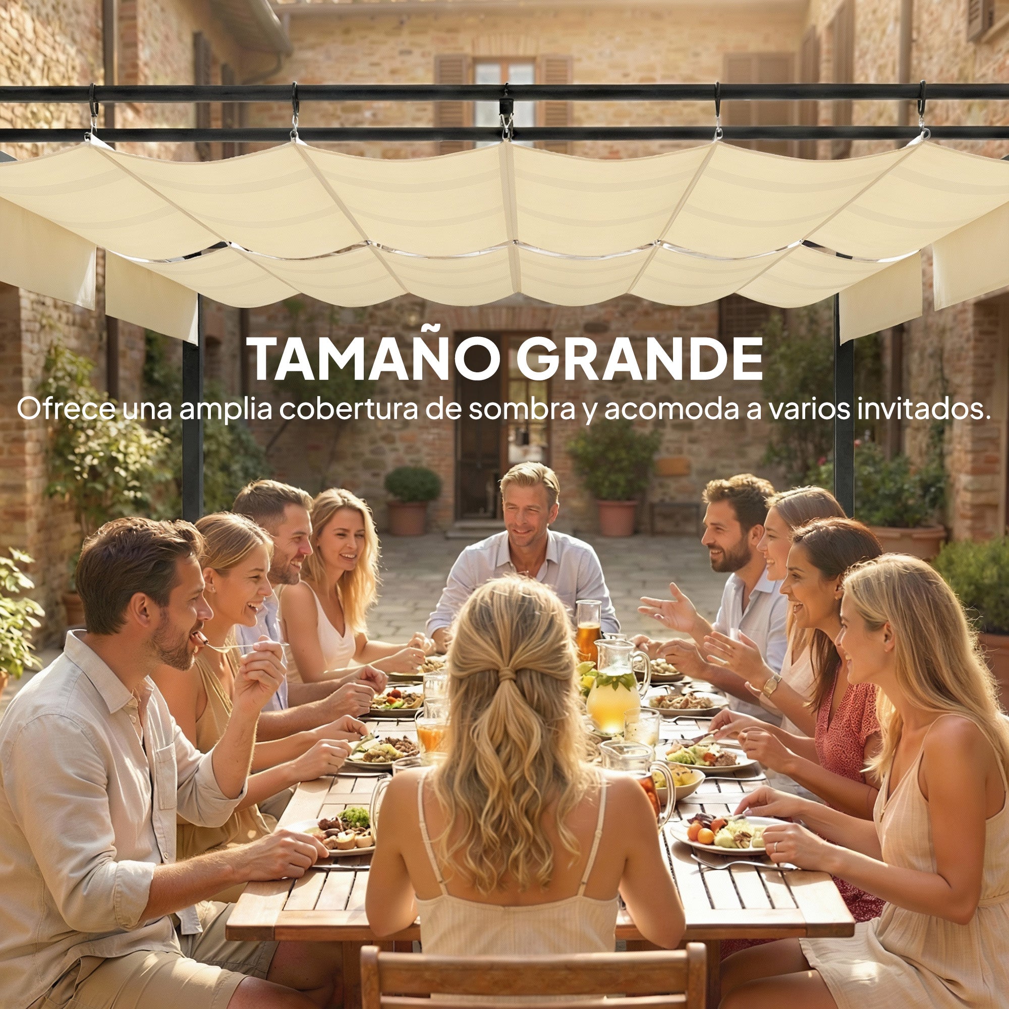 Outsunny Pérgola de Jardín 6x3 m con Techo Retráctil, Cenador de Jardín con Protección UPF50+, Drenaje, Estructura Metálica, Pabellón para Patio, Terraza, Exterior, Blanco Crema