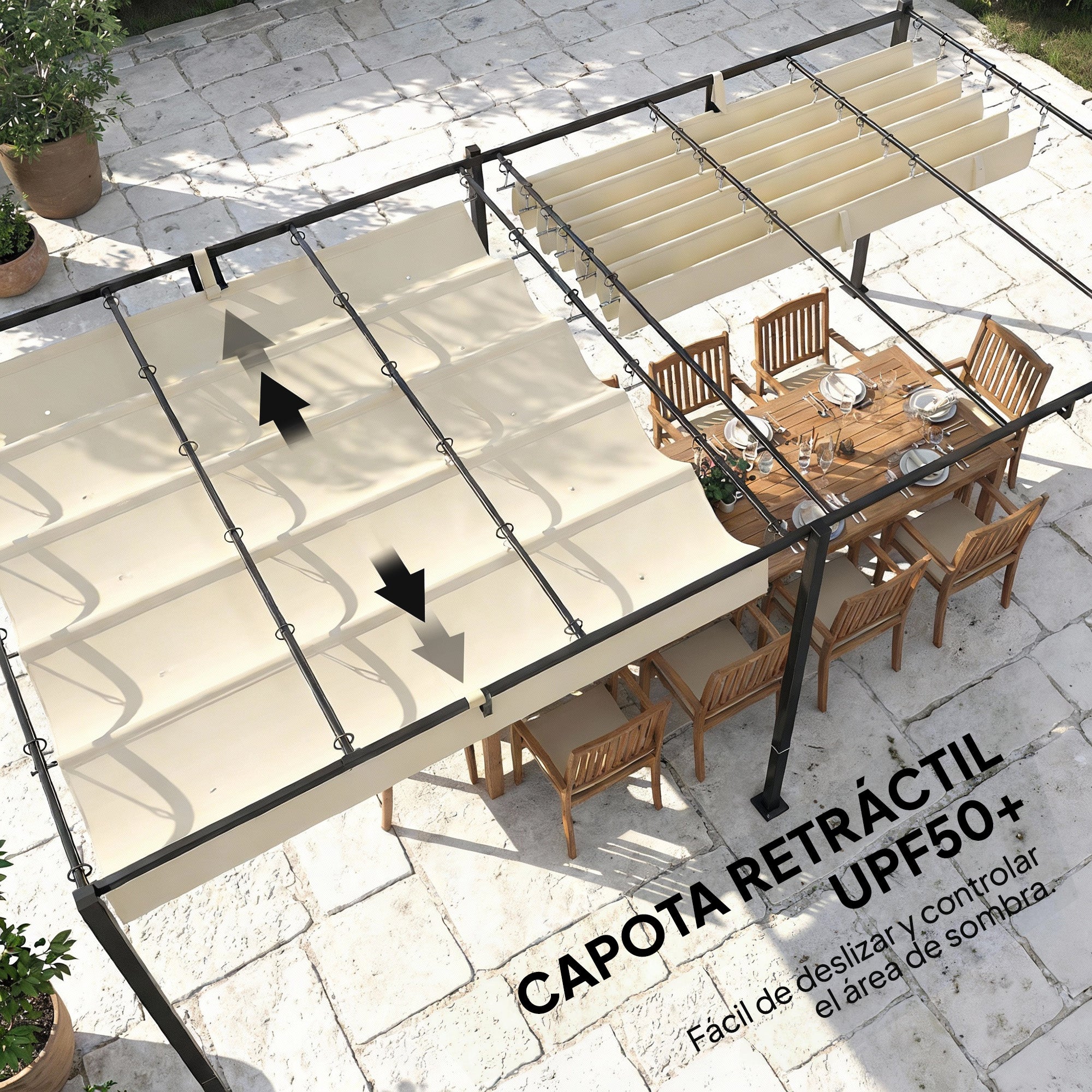 Outsunny Pérgola de Jardín 6x3 m con Techo Retráctil, Cenador de Jardín con Protección UPF50+, Drenaje, Estructura Metálica, Pabellón para Patio, Terraza, Exterior, Blanco Crema