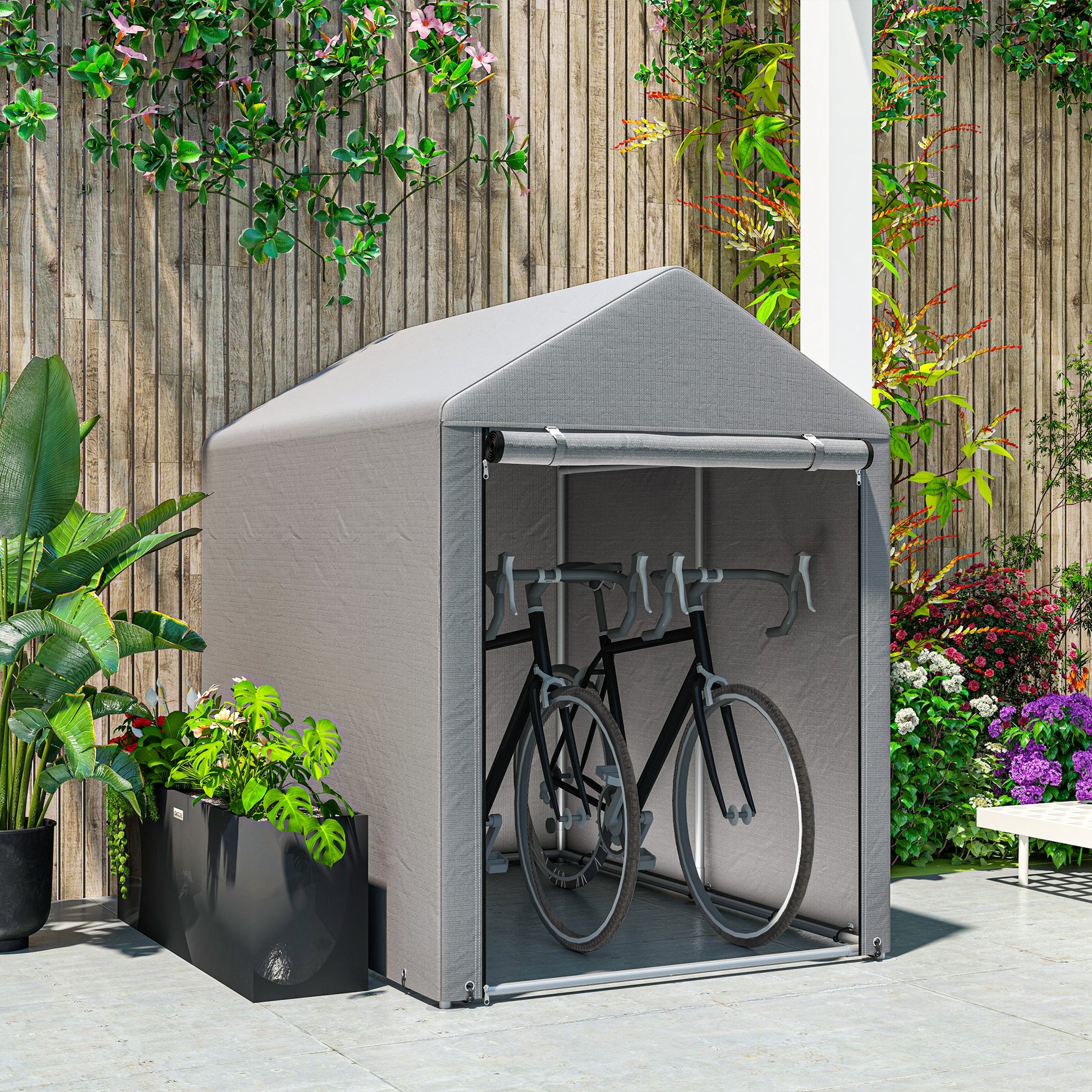 Outsunny Carpa de Jardín Exterior para Herramientas Bicicletas 1,2x1,8x1,65 m, Cobertizo Exterior con 2 Habitaciones, Puerta Enrollable con Cremallera, Impermeable Anti-UV, Garaje Portátil, Gris Claro