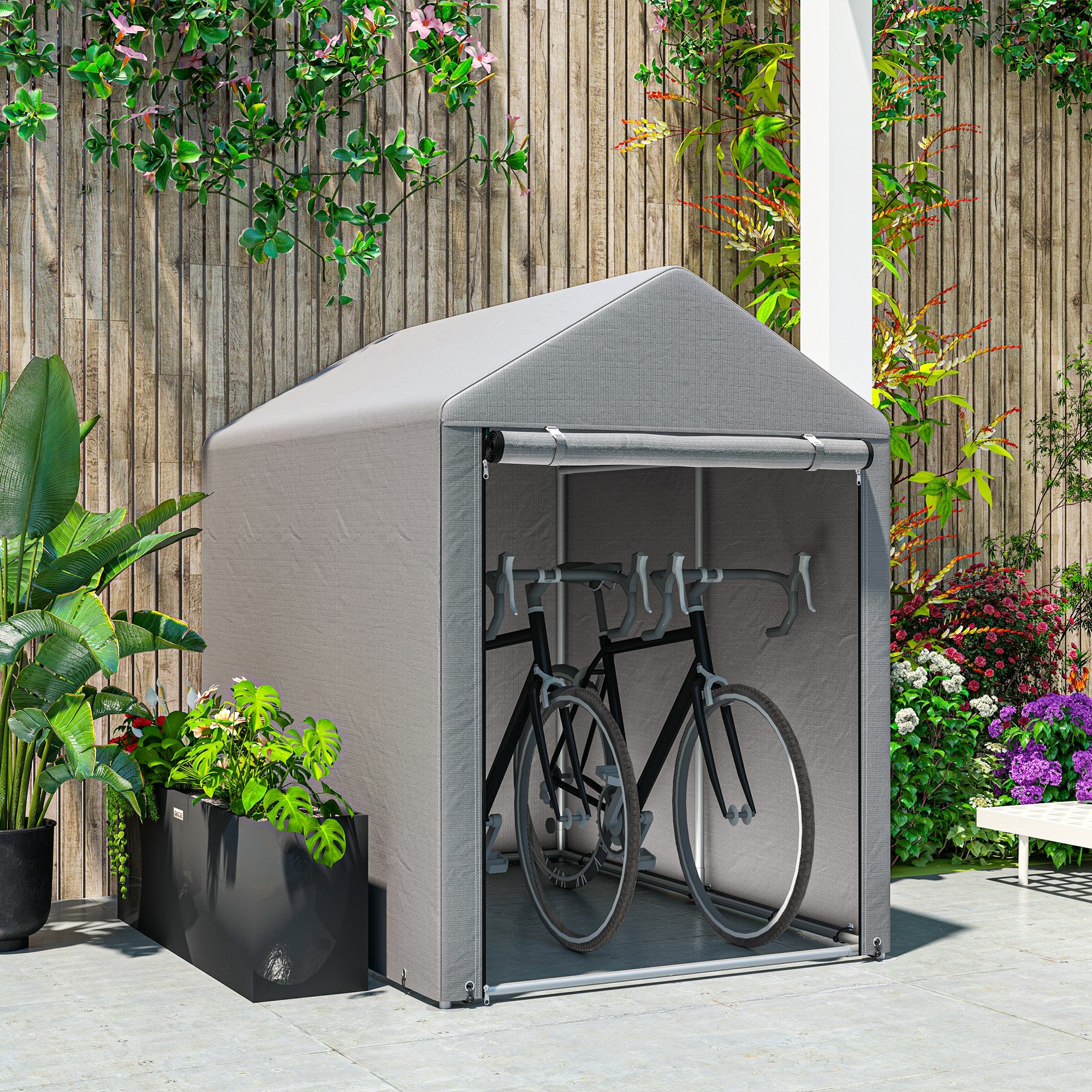 Outsunny Carpa de Jardín Exterior para Herramientas Bicicletas 1,2x1,8x1,65 m, Cobertizo Exterior con 2 Habitaciones, Puerta Enrollable con Cremallera, Impermeable Anti-UV, Garaje Portátil, Gris Claro