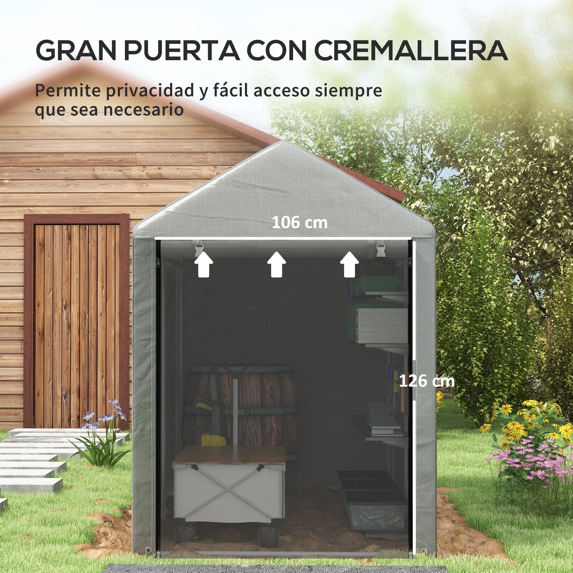 Outsunny Carpa de Jardín Exterior para Herramientas Bicicletas 1,2x1,8x1,65 m, Cobertizo Exterior con 2 Habitaciones, Puerta Enrollable con Cremallera, Impermeable Anti-UV, Garaje Portátil, Gris Claro
