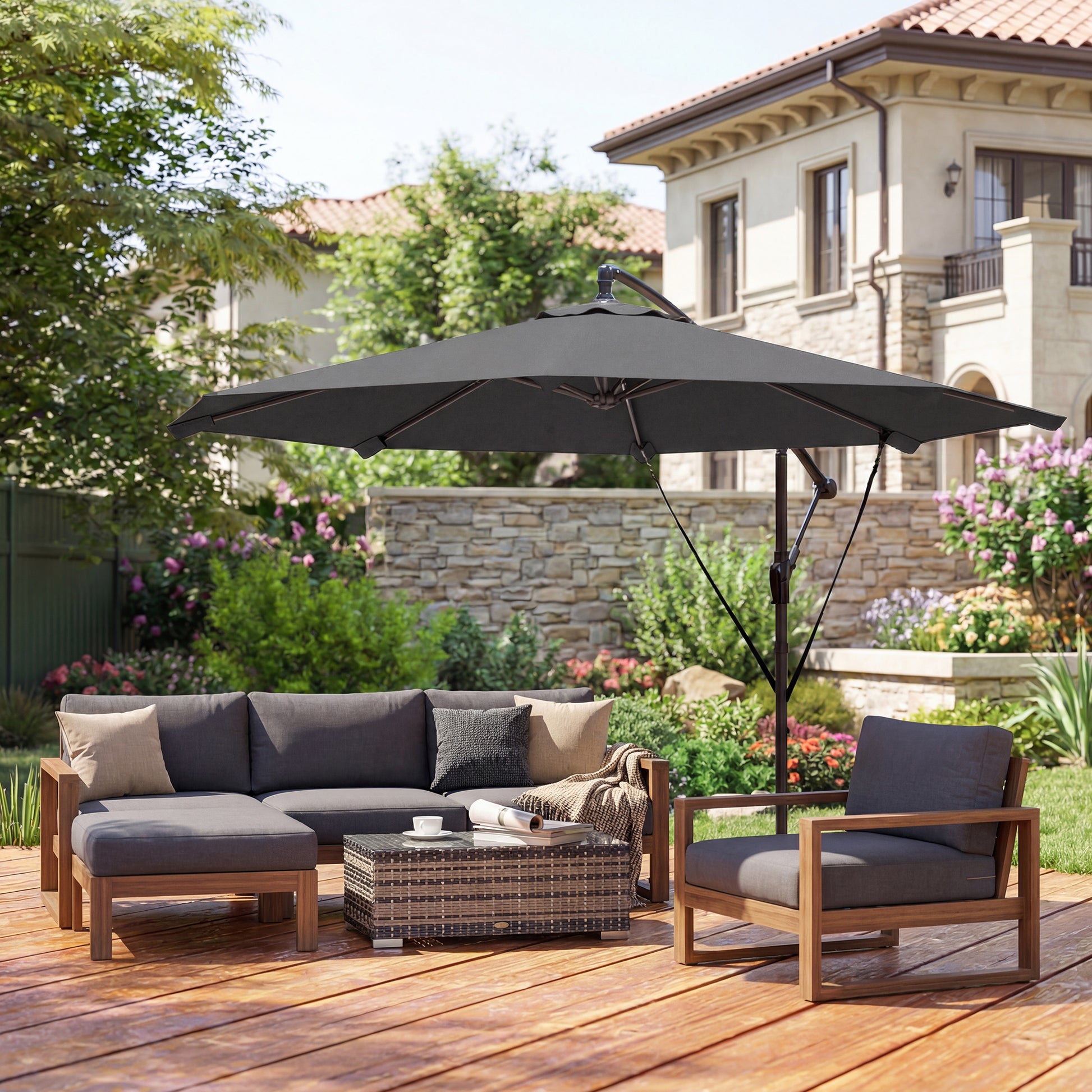 Outsunny Parasol Excéntrico, Ø300 cm, Sombrilla de Jardín con Base Cruzada, Manivela, Funda Protectora y Cuerdas de Viento, UPF30+, para Terraza, Patio, Gris Oscuro