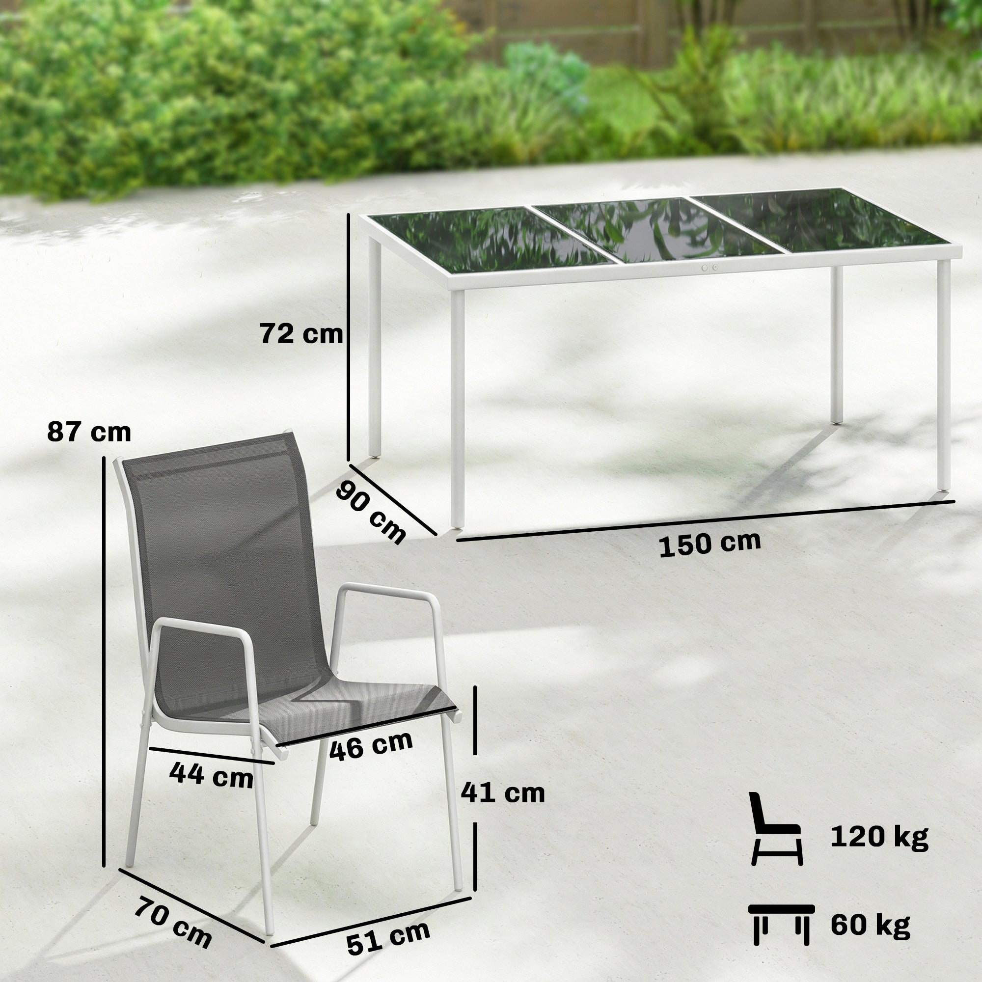 Outsunny Conjunto de Mesa y Sillas Jardín de 7 Piezas, Muebles Jardín Exterior con Mesa de Vidrio Templado, 6 Sillas Apilables Transpirables, Marco de Metal Resistente a la Intemperie, Blanco y Gris
