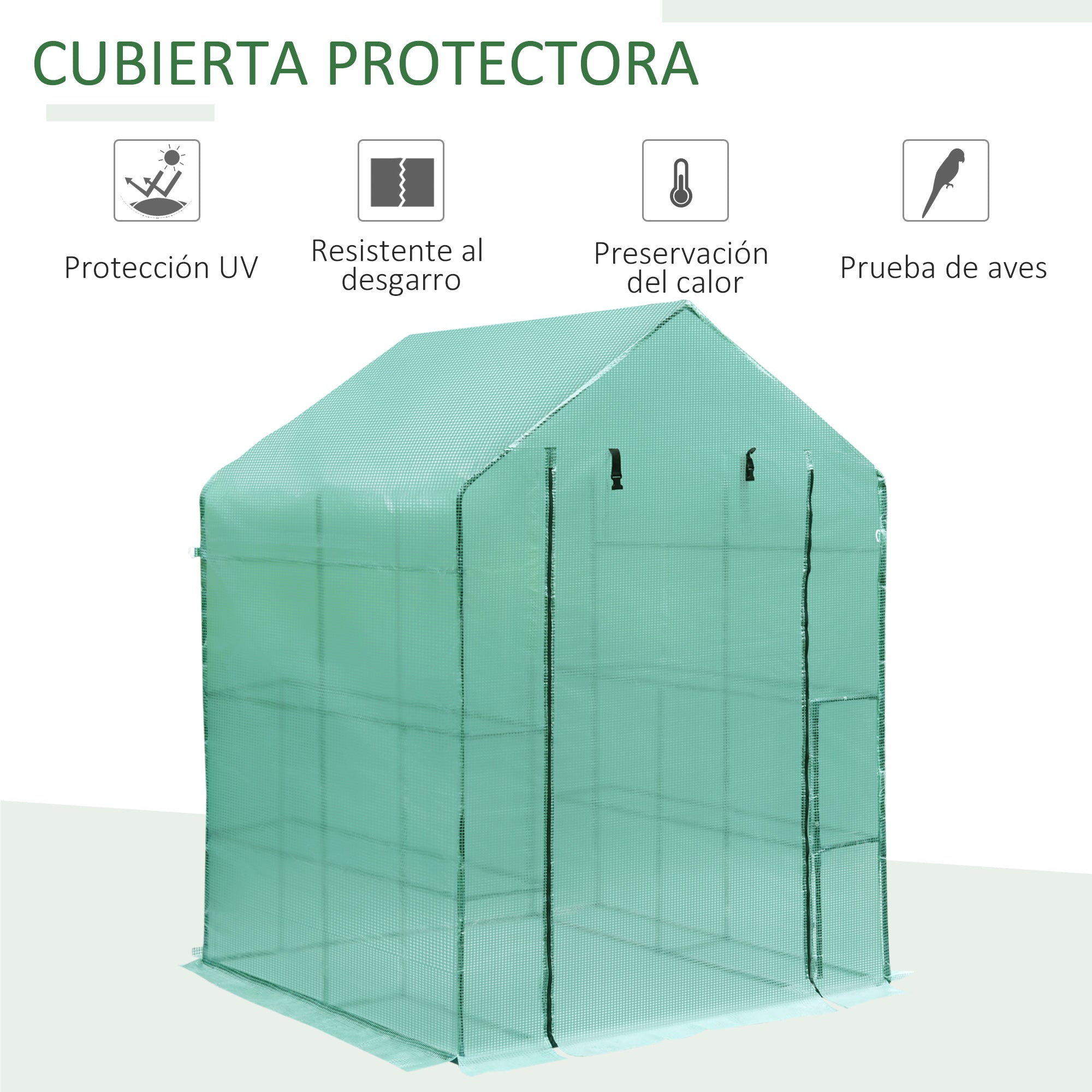 Outsunny Invernadero de Jardín Tipo Caseta Vivero Casero de Acero con 2 Niveles 4 Estantes y Puerta Enrollable para Cultivos Plantas Macetas Flores 143x143x195 cm Verde