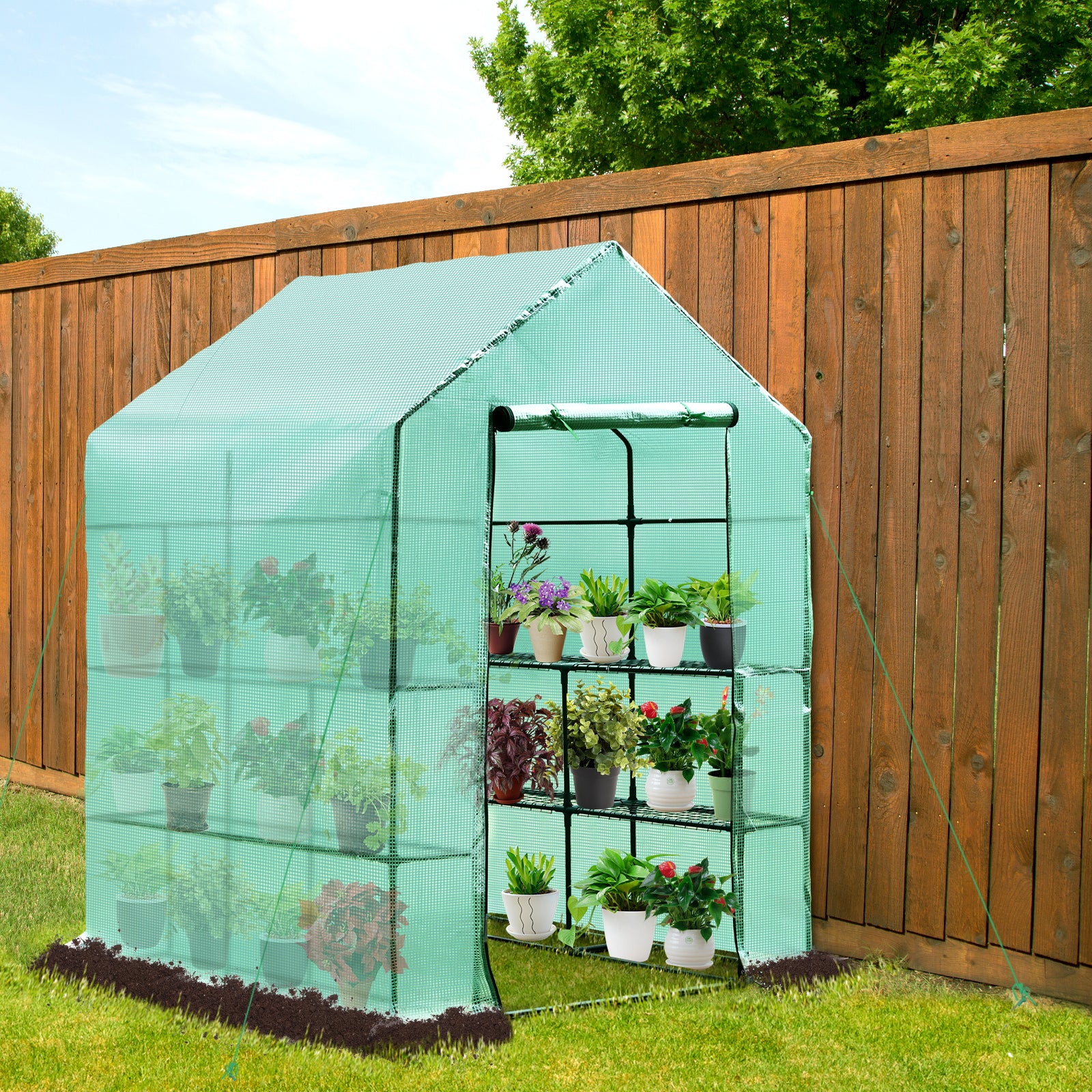 Outsunny Invernadero de Jardín Tipo Caseta Vivero Casero de Acero con 2 Niveles 4 Estantes y Puerta Enrollable para Cultivos Plantas Macetas Flores 143x143x195 cm Verde