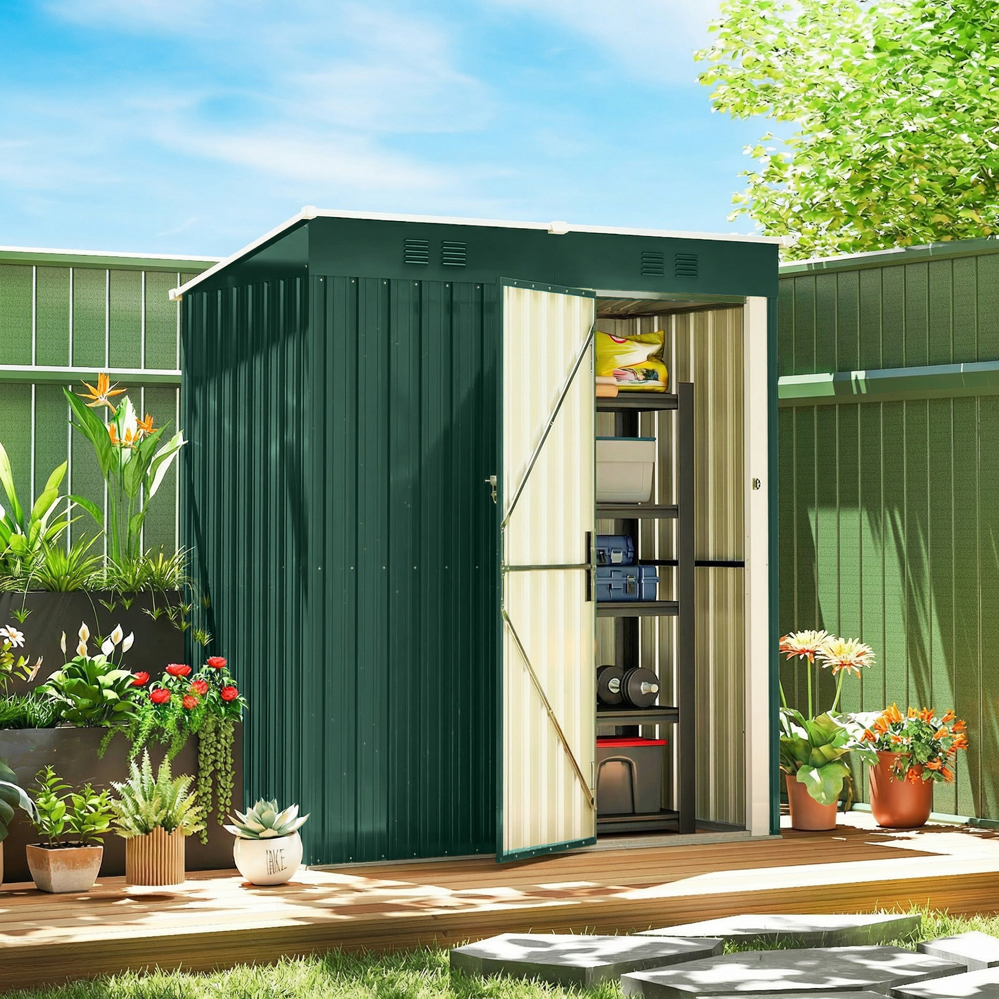 Outsunny Caseta de Jardín Exterior 1,37 m², 163x90x179 cm, Cobertizo de Jardín Exterior Metálico con Puerta con Pestillo y Ranuras de Ventilación, para Almacenamiento de Herramientas, Verde