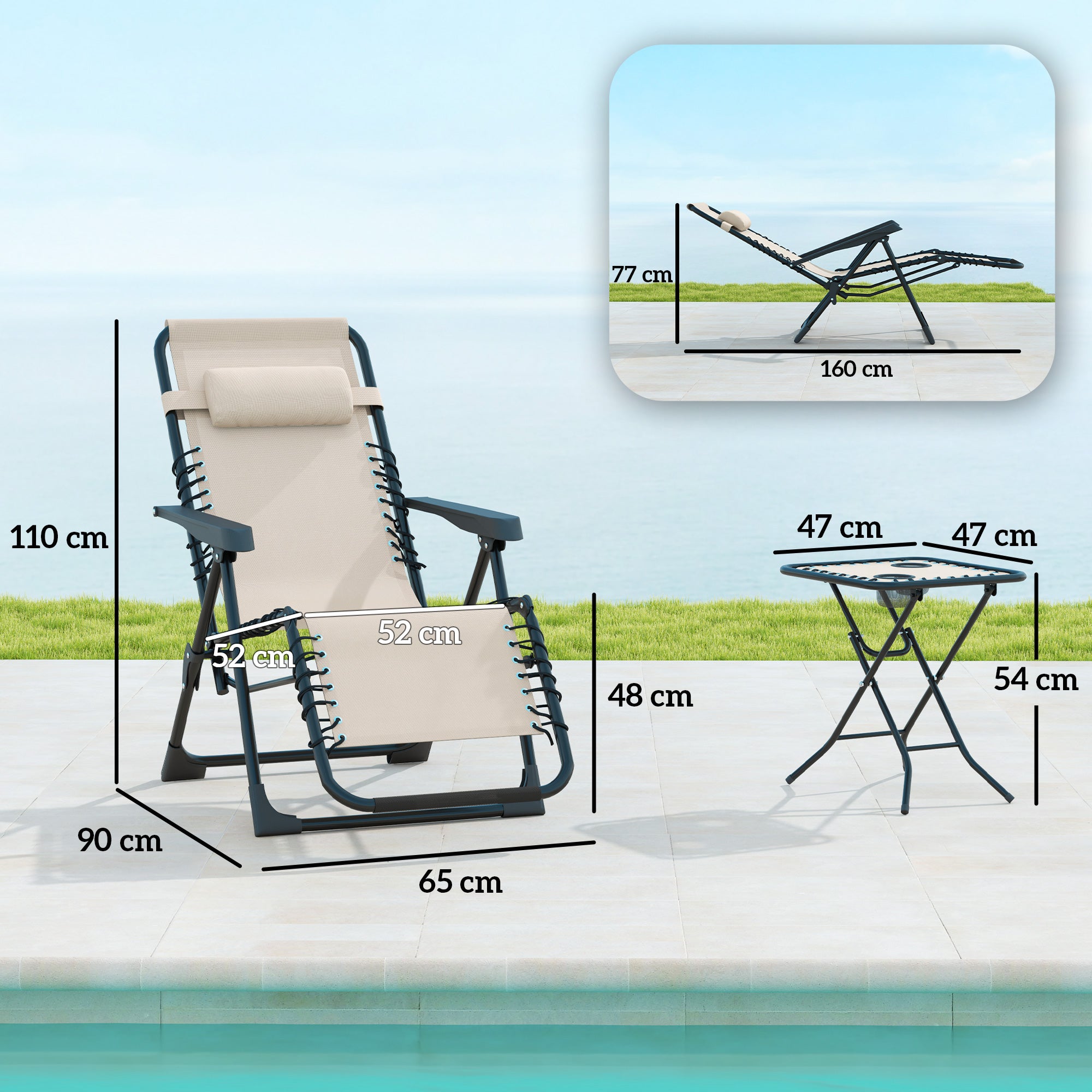Outsunny Set de 2 Tumbonas Jardín Exterior Plegables con Mesa Auxiliar Portavasos Tumbonas de Gravedad Cero con Respaldo Ajustable Reposabrazos Extraíble para Patio Piscina Terraza Exterior Beige