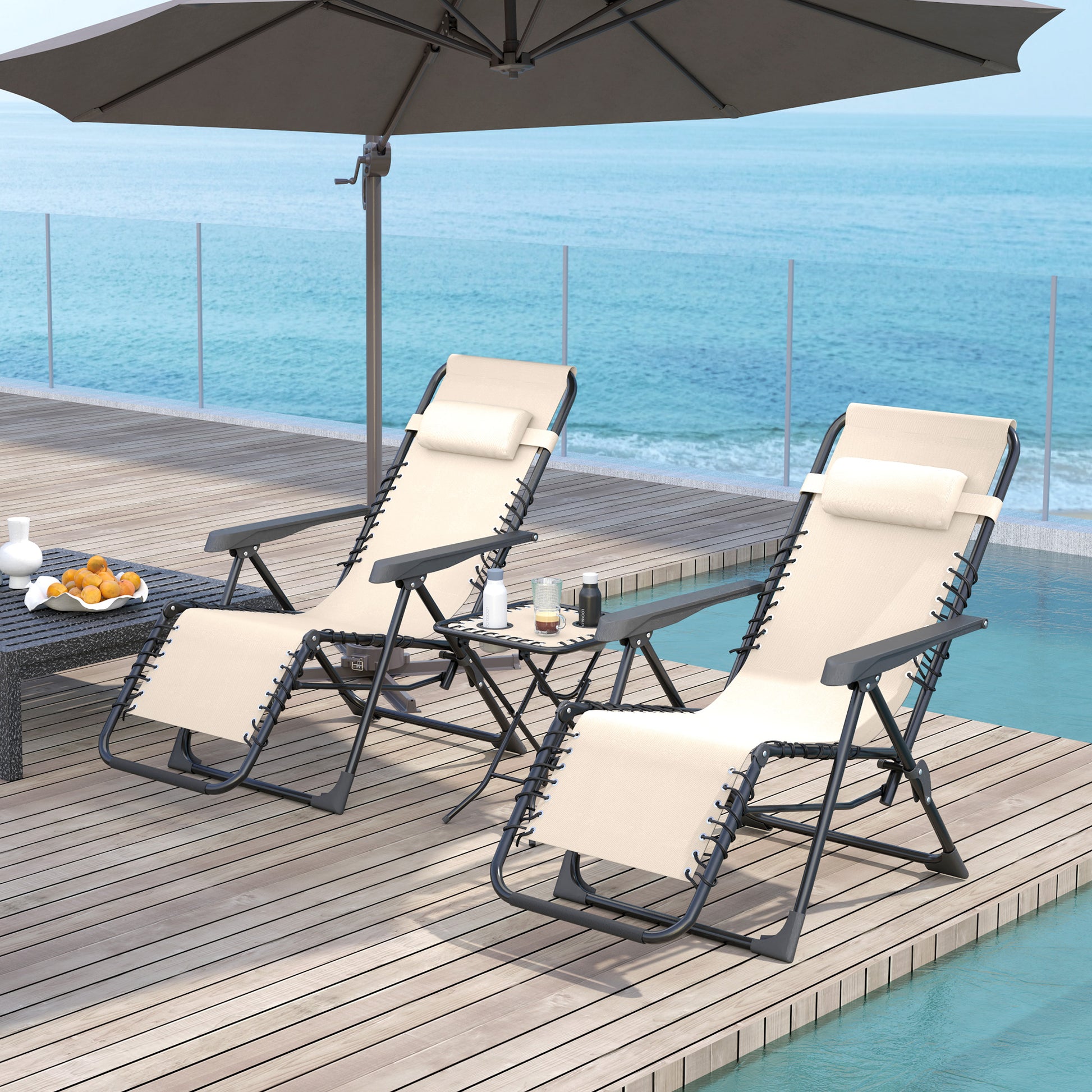Outsunny Set de 2 Tumbonas Jardín Exterior Plegables con Mesa Auxiliar Portavasos Tumbonas de Gravedad Cero con Respaldo Ajustable Reposabrazos Extraíble para Patio Piscina Terraza Exterior Beige