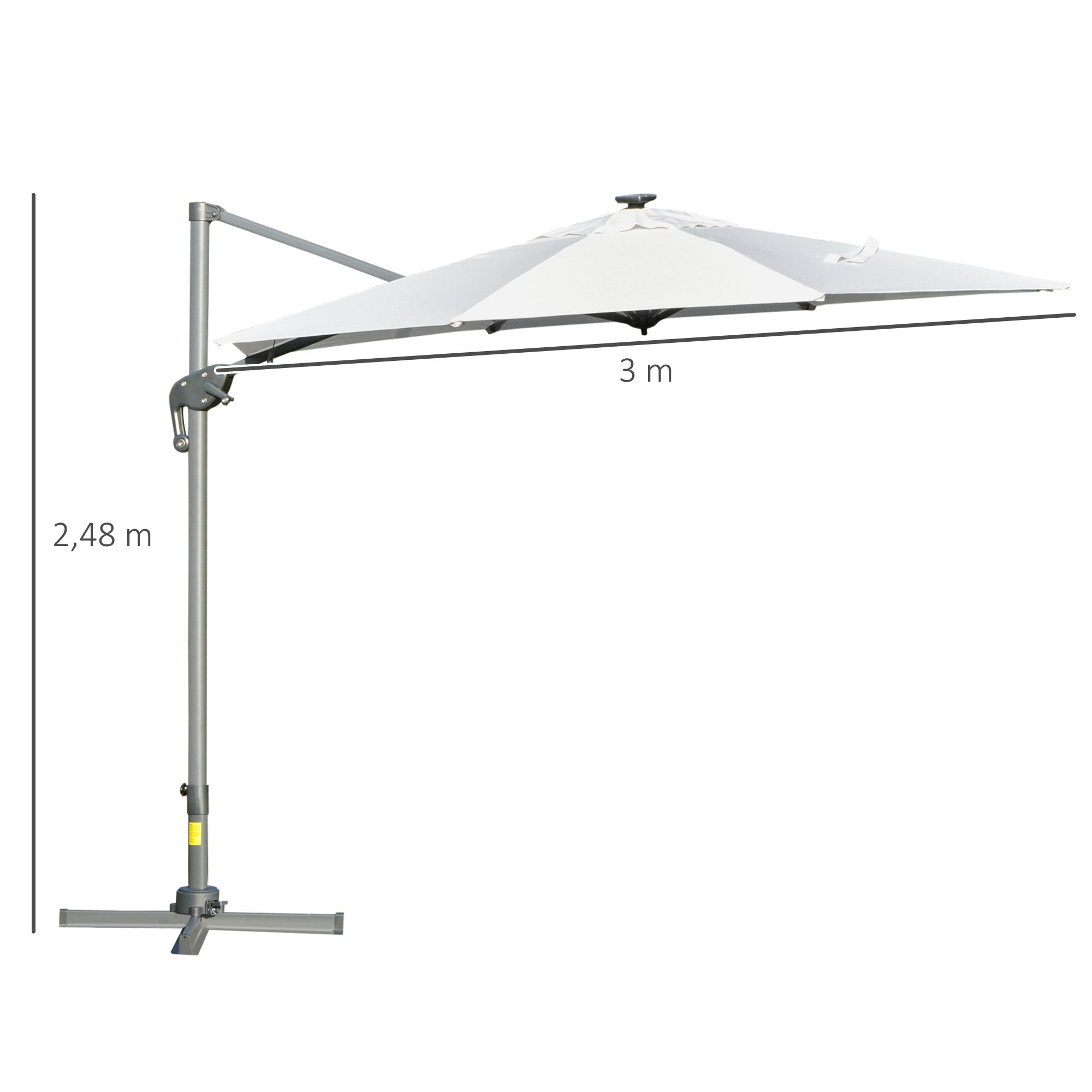 Outsunny Sombrilla de Jardín Ø3 m Sombrilla de Terraza de Aluminio con Luces LED Panel Solar Techo Reclinable Protección UV 50+ Giratorio 360° Manivela Base Cruzada Blanco