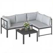 Outsunny Conjunto de Muebles Jardín Exterior de 3 Piezas, Sofá Exterior Seccional Resistente Forma de L con Cojines, 2 Sofás de 2 Plazas, Reposabrazos Ajustables y Mesa Centro de Listones, Gris
