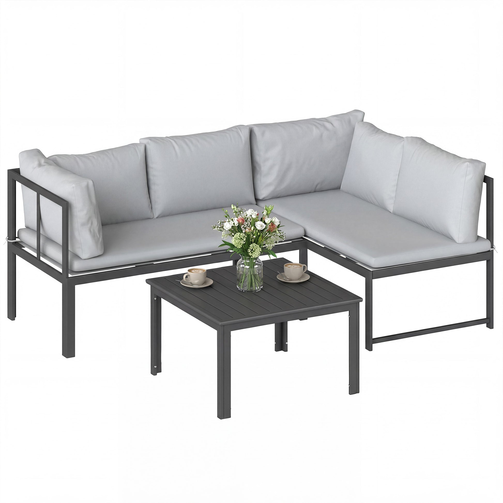 Outsunny Conjunto de Muebles Jardín Exterior de 3 Piezas, Sofá Exterior Seccional Resistente Forma de L con Cojines, 2 Sofás de 2 Plazas, Reposabrazos Ajustables y Mesa Centro de Listones, Gris