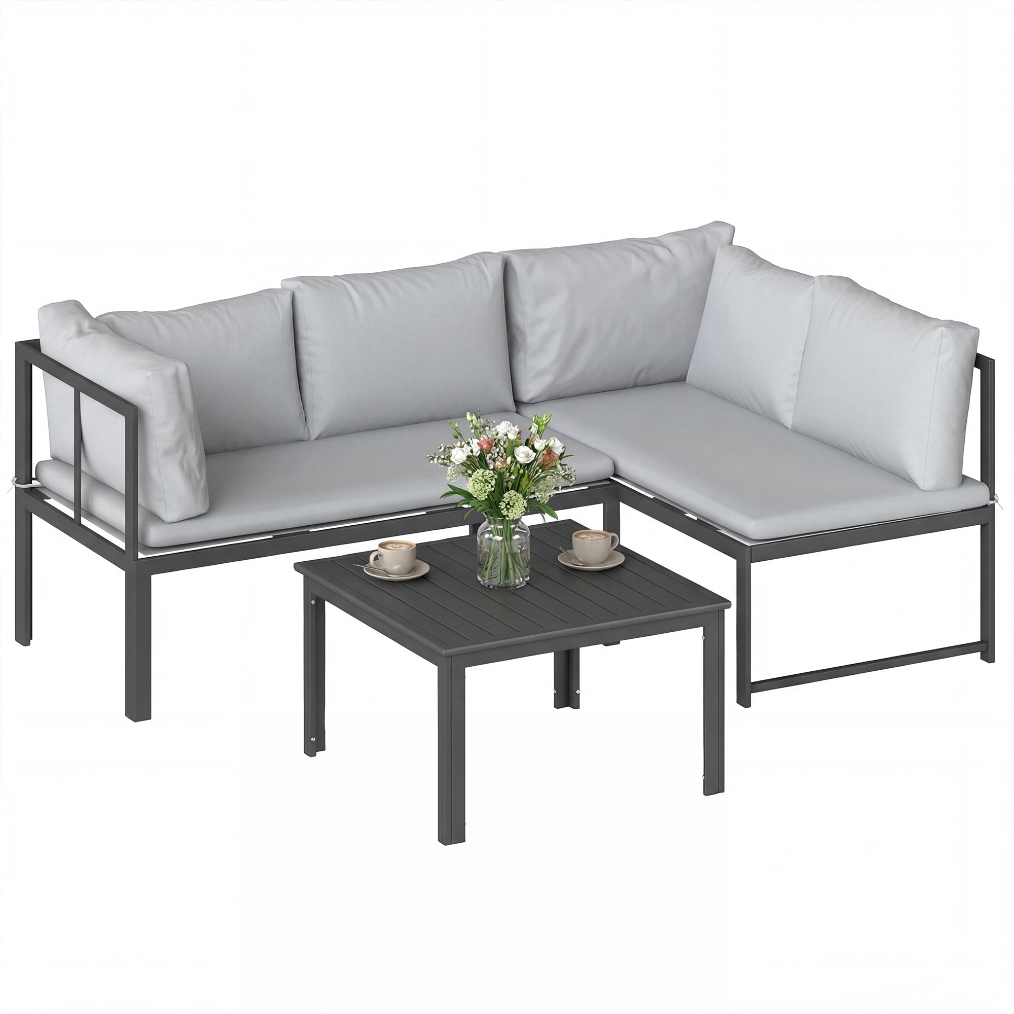 Outsunny Conjunto de Muebles Jardín Exterior de 3 Piezas, Sofá Exterior Seccional Resistente Forma de L con Cojines, 2 Sofás de 2 Plazas, Reposabrazos Ajustables y Mesa Centro de Listones, Gris
