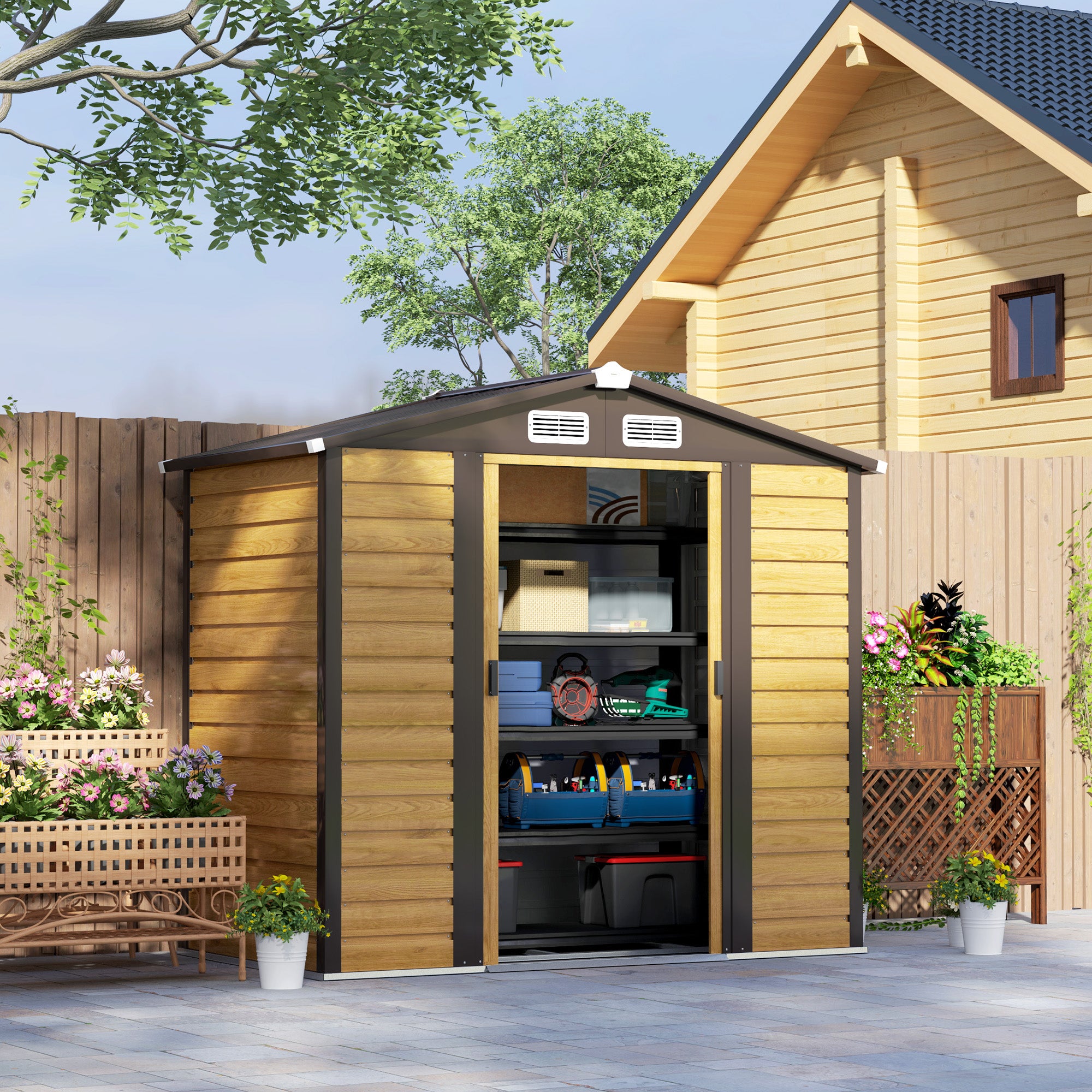Outsunny Caseta de Jardín Exterior 2,36m² 213x120x194 cm Cobertizo de Jardín Exterior con Base Refuerzo (Suelo NO Incluido) Puertas Correderas Dobles Candado Ventanas Roble