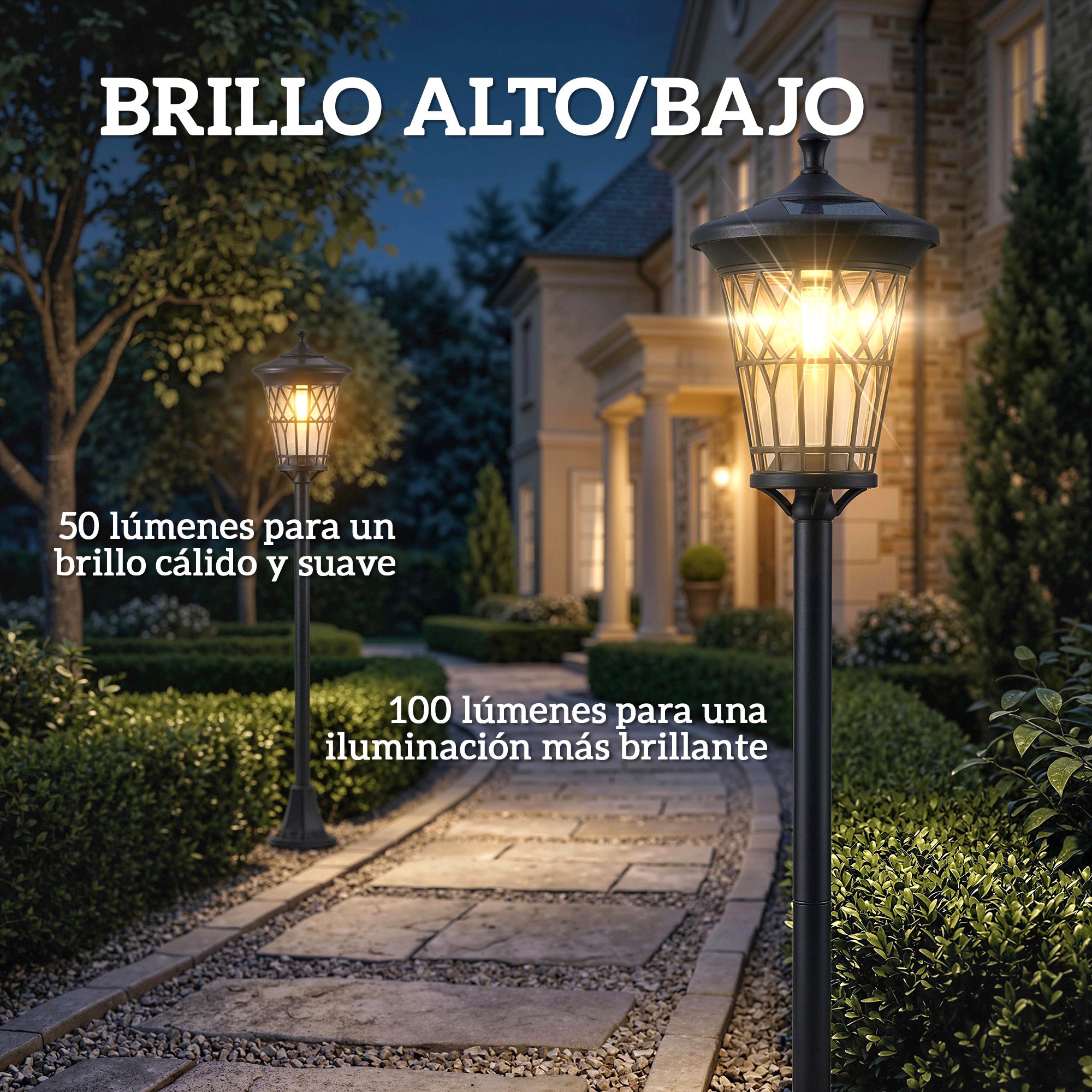 Outsunny Set de 2 Farolas Solares de Jardín, Luces Solares de Exterior de Acero Inoxidable con Altura Ajustable, 2 Modos de Brillo, IP44 Impermeable, para Terraza, Patio, 23,5x23,5x186 cm, Negro