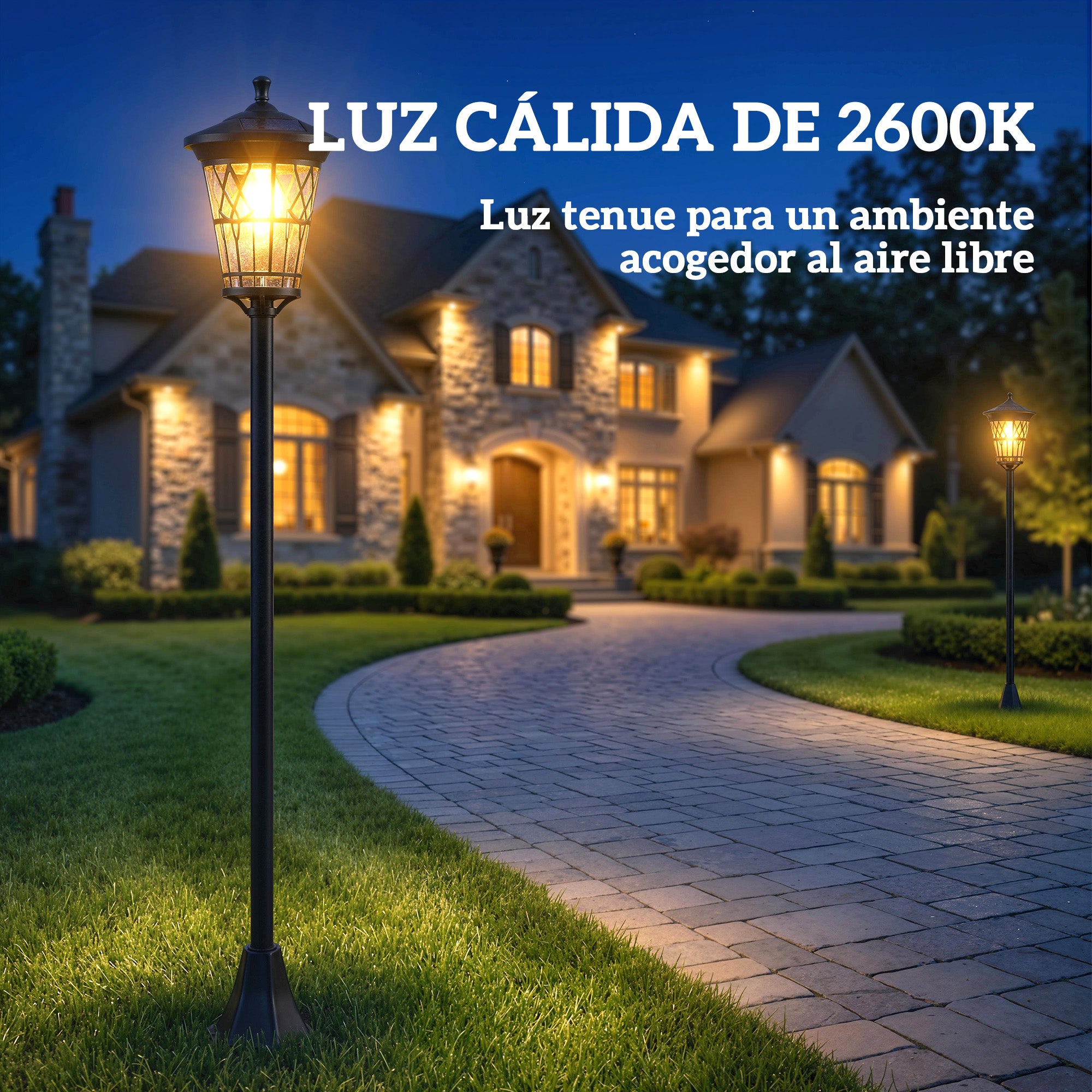 Outsunny Set de 2 Farolas Solares de Jardín, Luces Solares de Exterior de Acero Inoxidable con Altura Ajustable, 2 Modos de Brillo, IP44 Impermeable, para Terraza, Patio, 23,5x23,5x186 cm, Negro