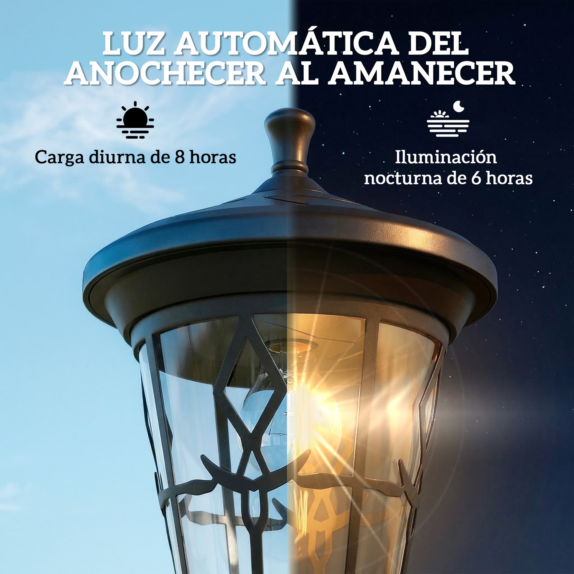 Outsunny Set de 2 Farolas Solares de Jardín, Luces Solares de Exterior de Acero Inoxidable con Altura Ajustable, 2 Modos de Brillo, IP44 Impermeable, para Terraza, Patio, 23,5x23,5x186 cm, Negro