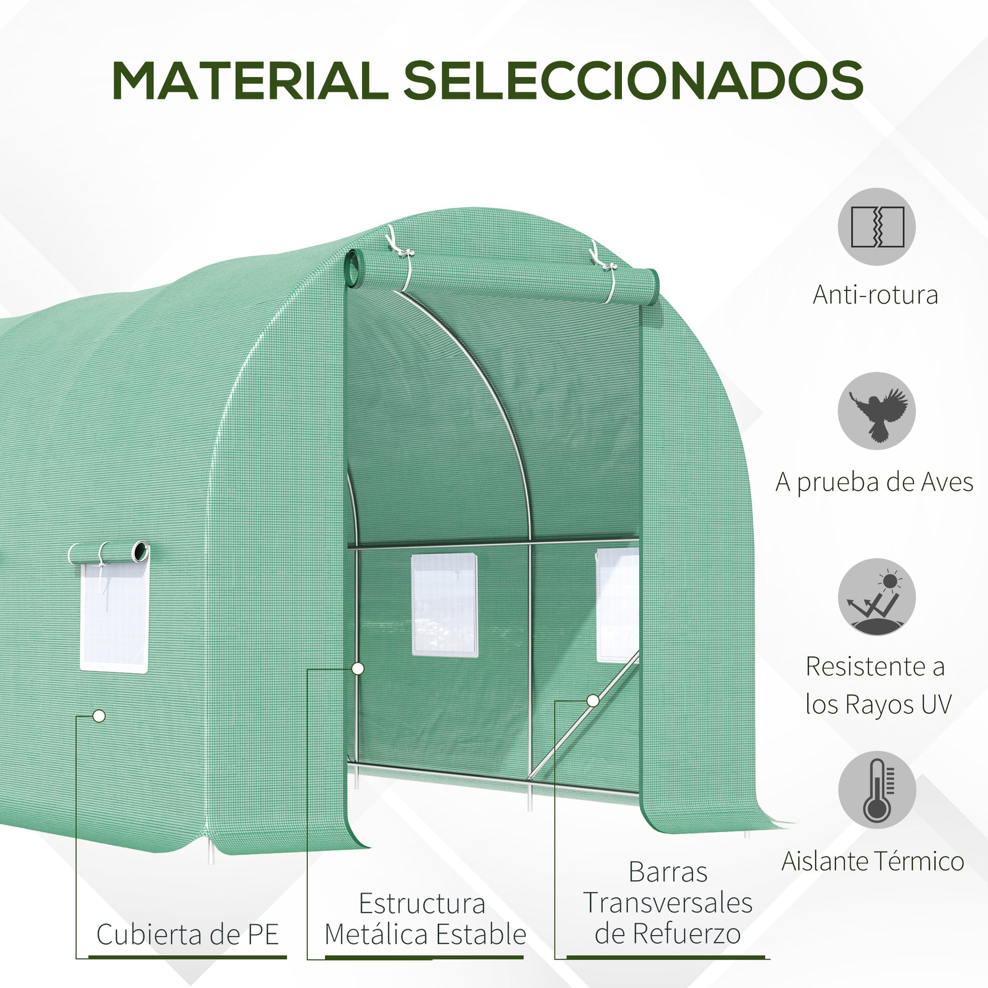 Outsunny Invernadero de Túnel 445x200x200 cm Invernadero de Jardín con 6 Ventanas 1 Puerta y Cubierta de Polietileno PE 140 g/m² para Cultivar Plantas Verduras Frutas en Terraza Patio Verde