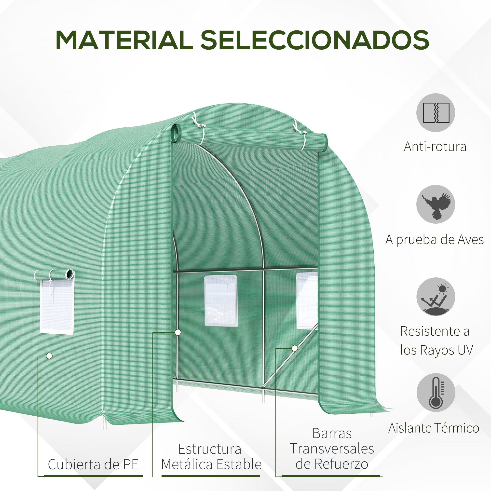 Outsunny Invernadero de Túnel 445x200x200 cm Invernadero de Jardín con 6 Ventanas 1 Puerta y Cubierta de Polietileno PE 140 g/m² para Cultivar Plantas Verduras Frutas en Terraza Patio Verde