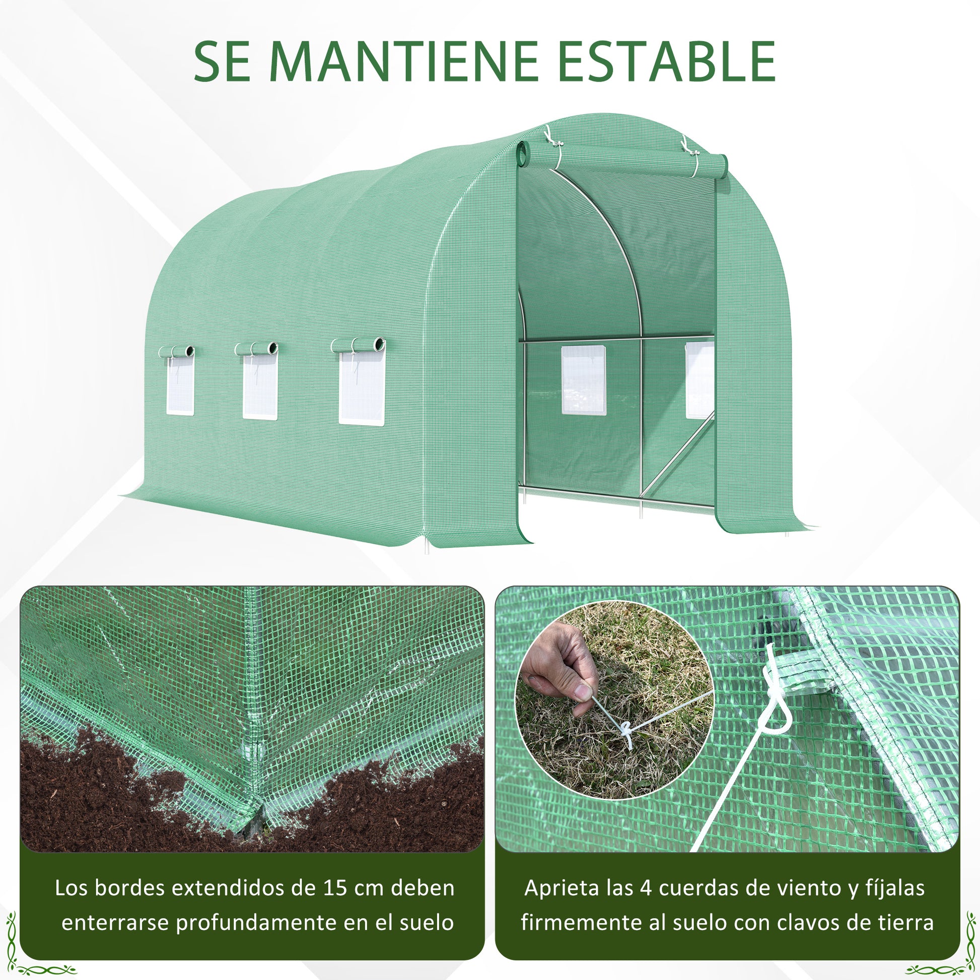 Outsunny Invernadero de Túnel 445x200x200 cm Invernadero de Jardín con 6 Ventanas 1 Puerta y Cubierta de Polietileno PE 140 g/m² para Cultivar Plantas Verduras Frutas en Terraza Patio Verde