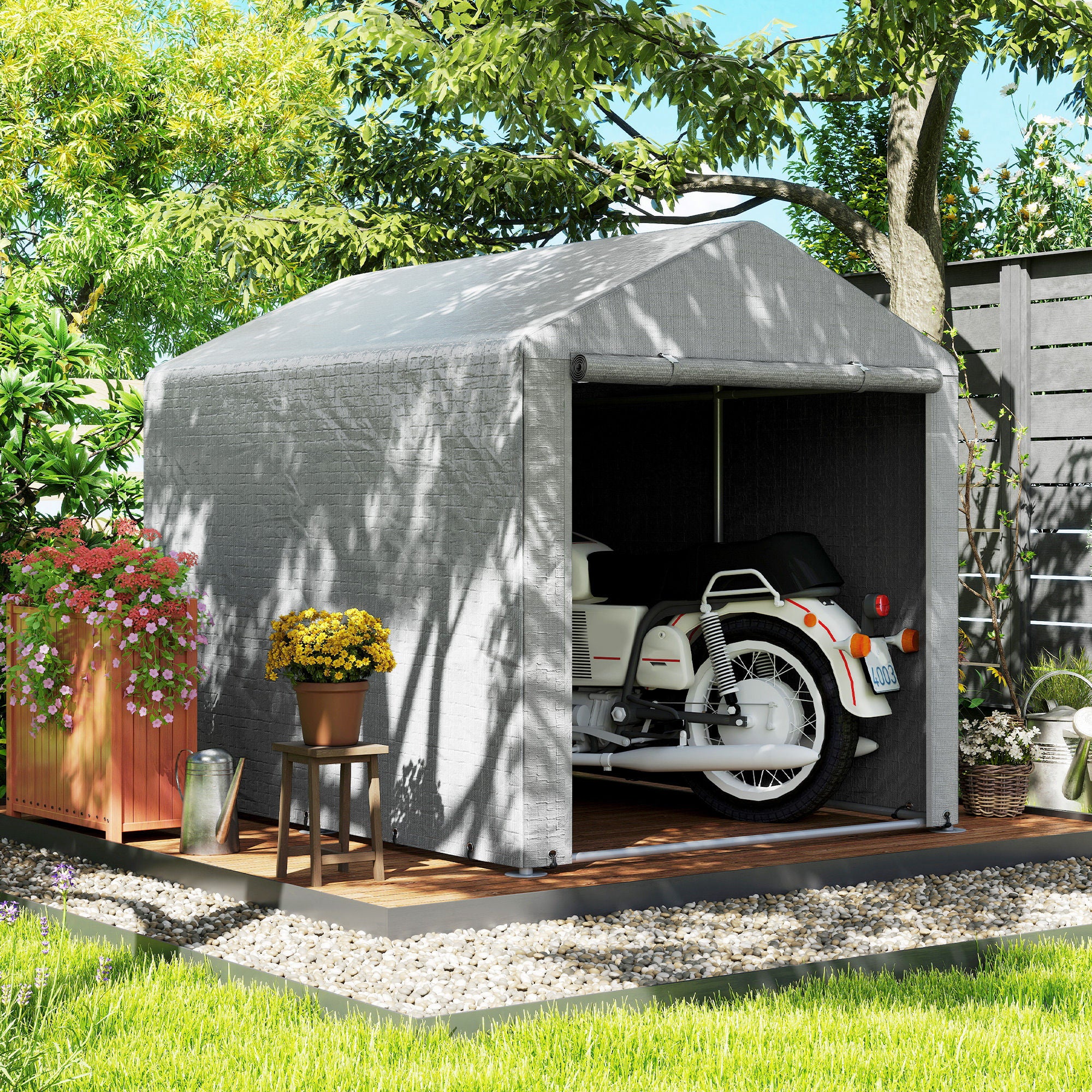 Outsunny Carpa de Jardín Exterior para Herramientas Bicicletas 1,6x2,2x1,7 m, Cobertizo Exterior con 2 Habitaciones, Puerta Enrollable con Cremallera, Impermeable Anti-UV, Garaje Portátil, Gris Claro