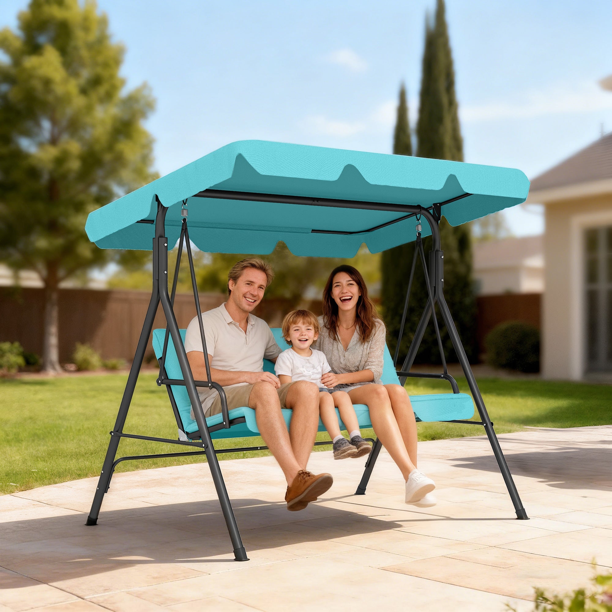 Outsunny Columpio de Jardín Exterior de 3 Plazas, Balancín de Jardín Exterior con Techo Ajustable y Marco de Acero, para Balcón, Terraza, Patio, Carga 240 kg, 172x110x153 cm, Verde Azulado